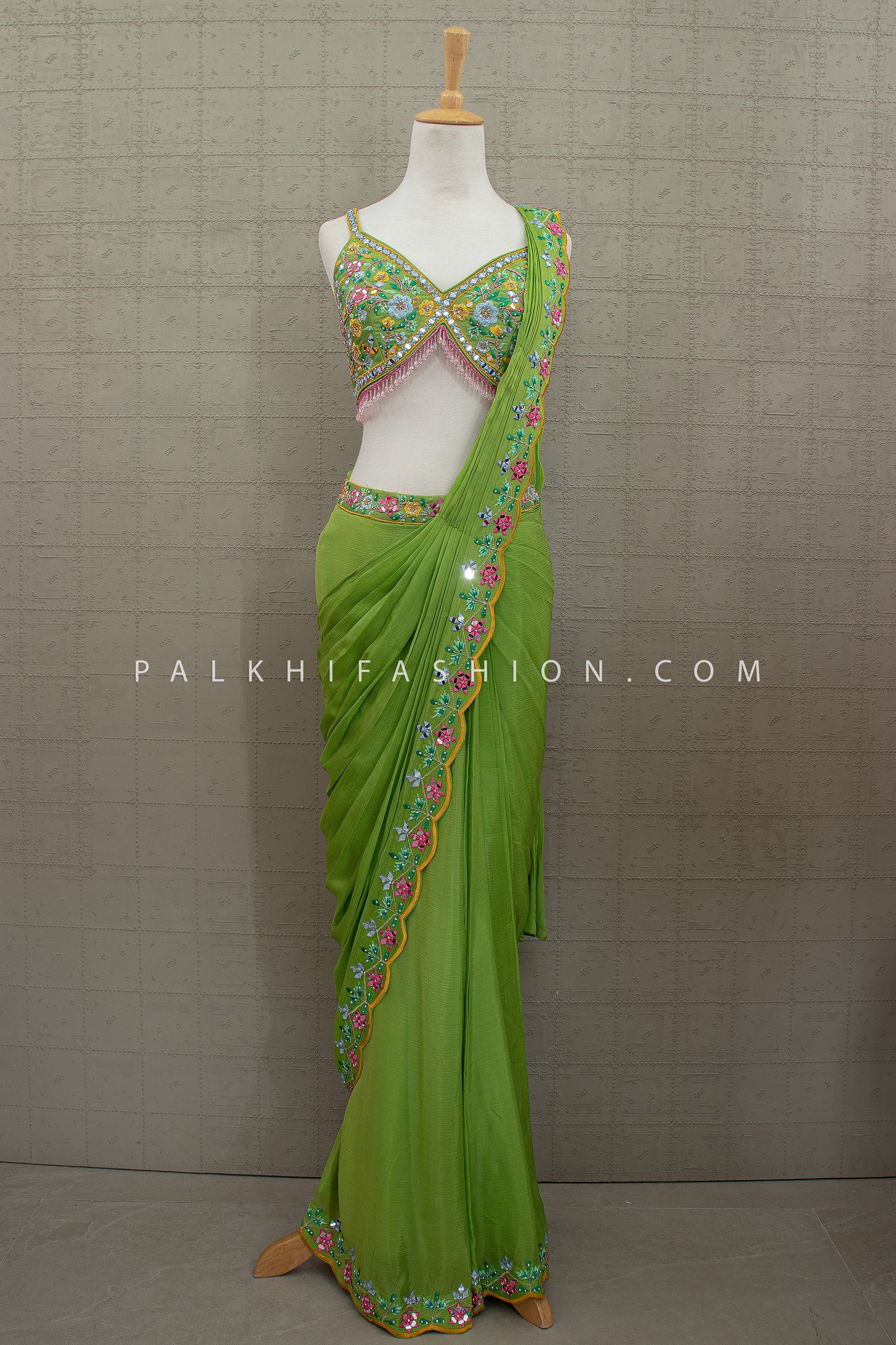 Green Designer Pre Draped Saree with Mirror & Multi Thread Work – Palkhi Fashion Houston