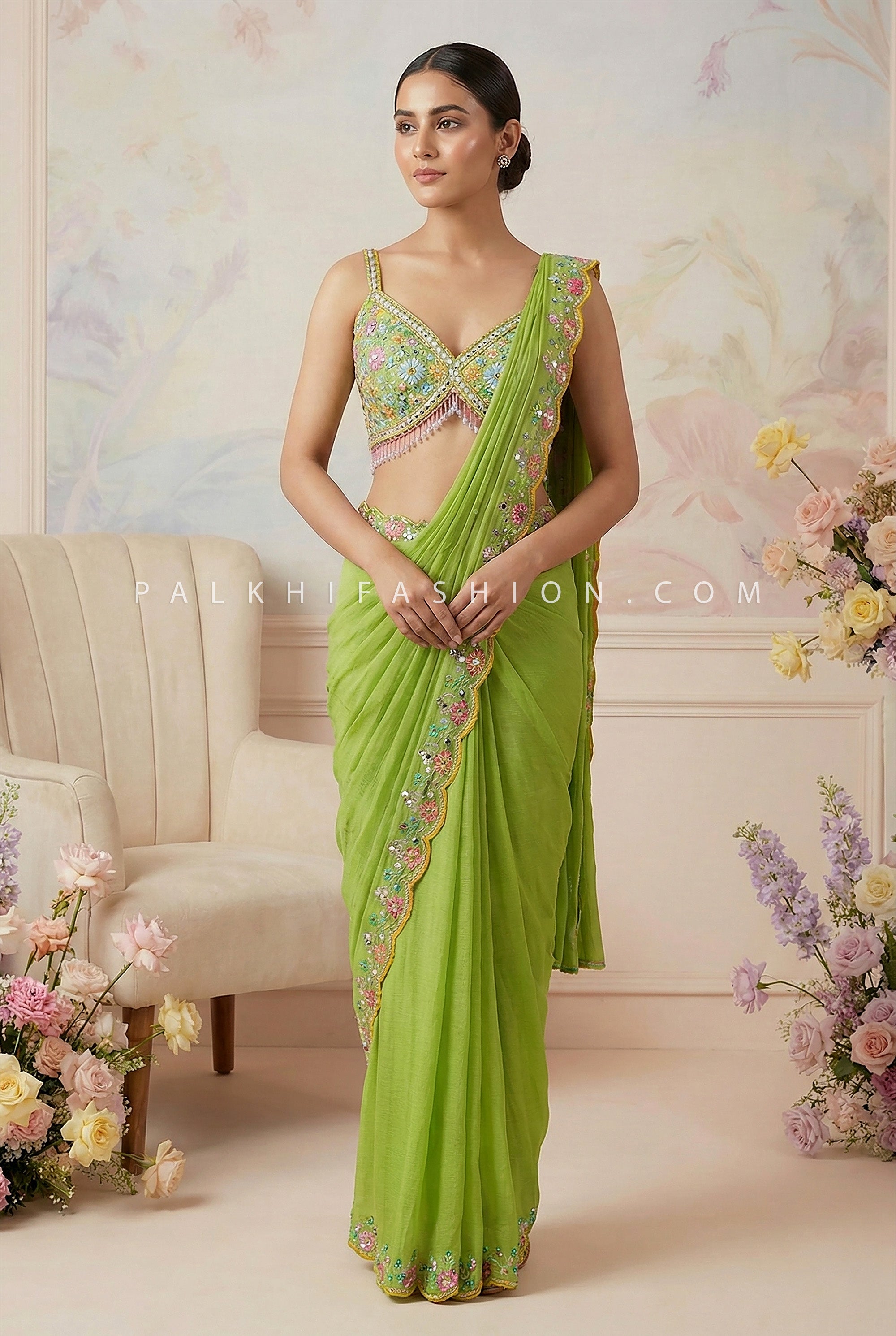 Green Designer Pre Draped Saree with Mirror & Multi Thread Work – Palkhi Fashion Houston