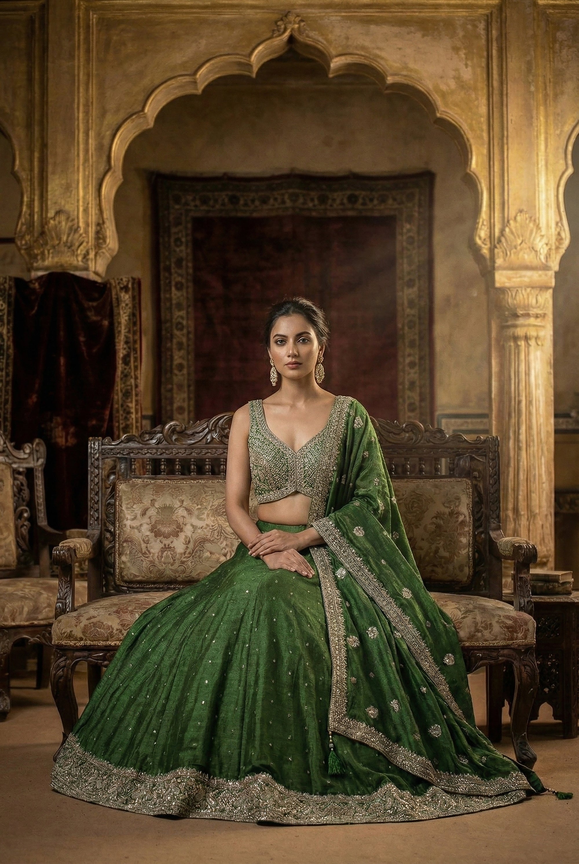 Green Lehenga Choli Set with Elegant Embroidery | Palkhi Fashion Houston