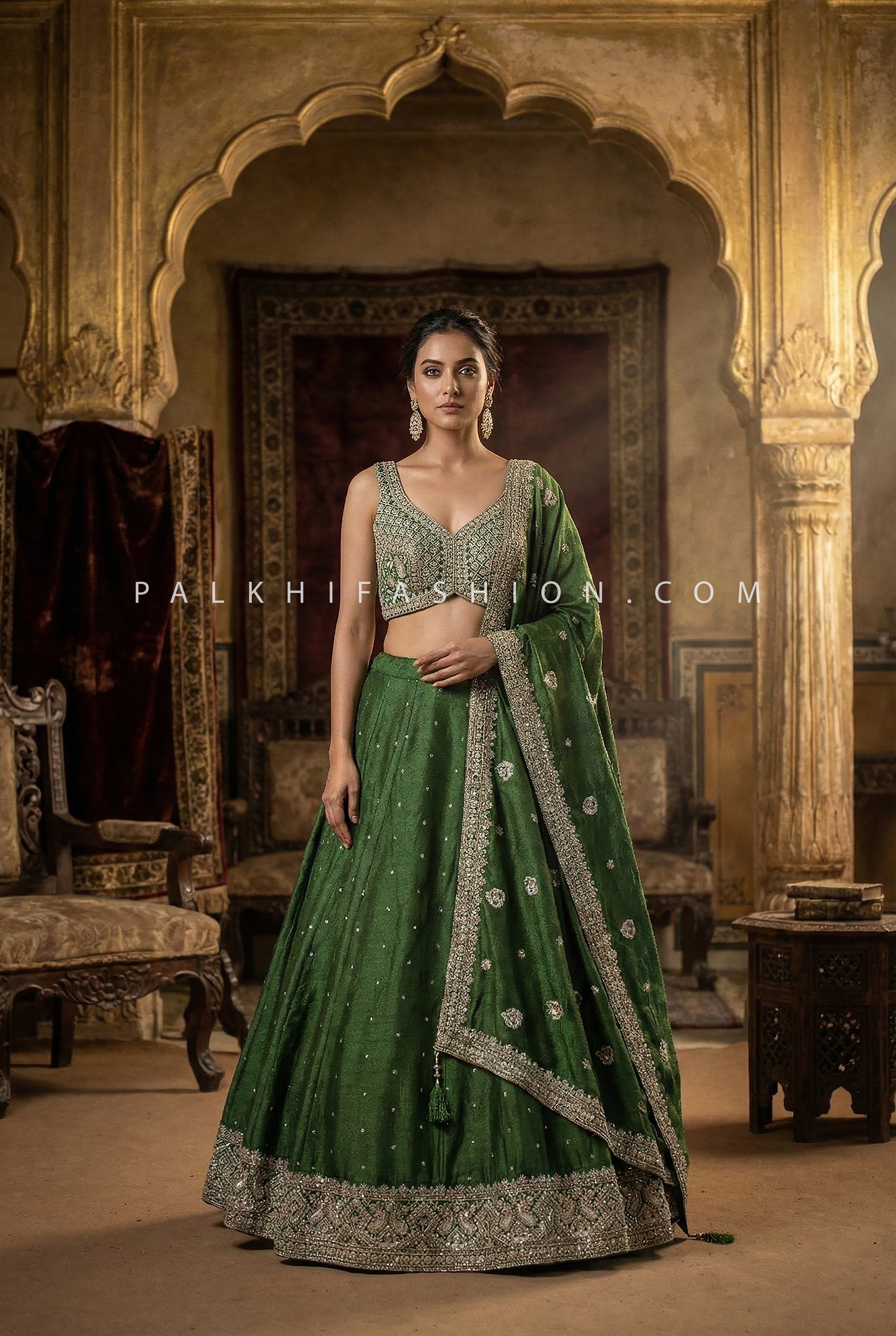 Green Lehenga Choli Set with Elegant Embroidery | Palkhi Fashion Houston