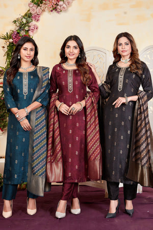 Greyish Black Straight Suit with Pure Silk Embroidered Dupatta – Palkhi Fashion