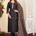 Greyish Black Straight Suit with Pure Silk Embroidered Dupatta – Palkhi Fashion
