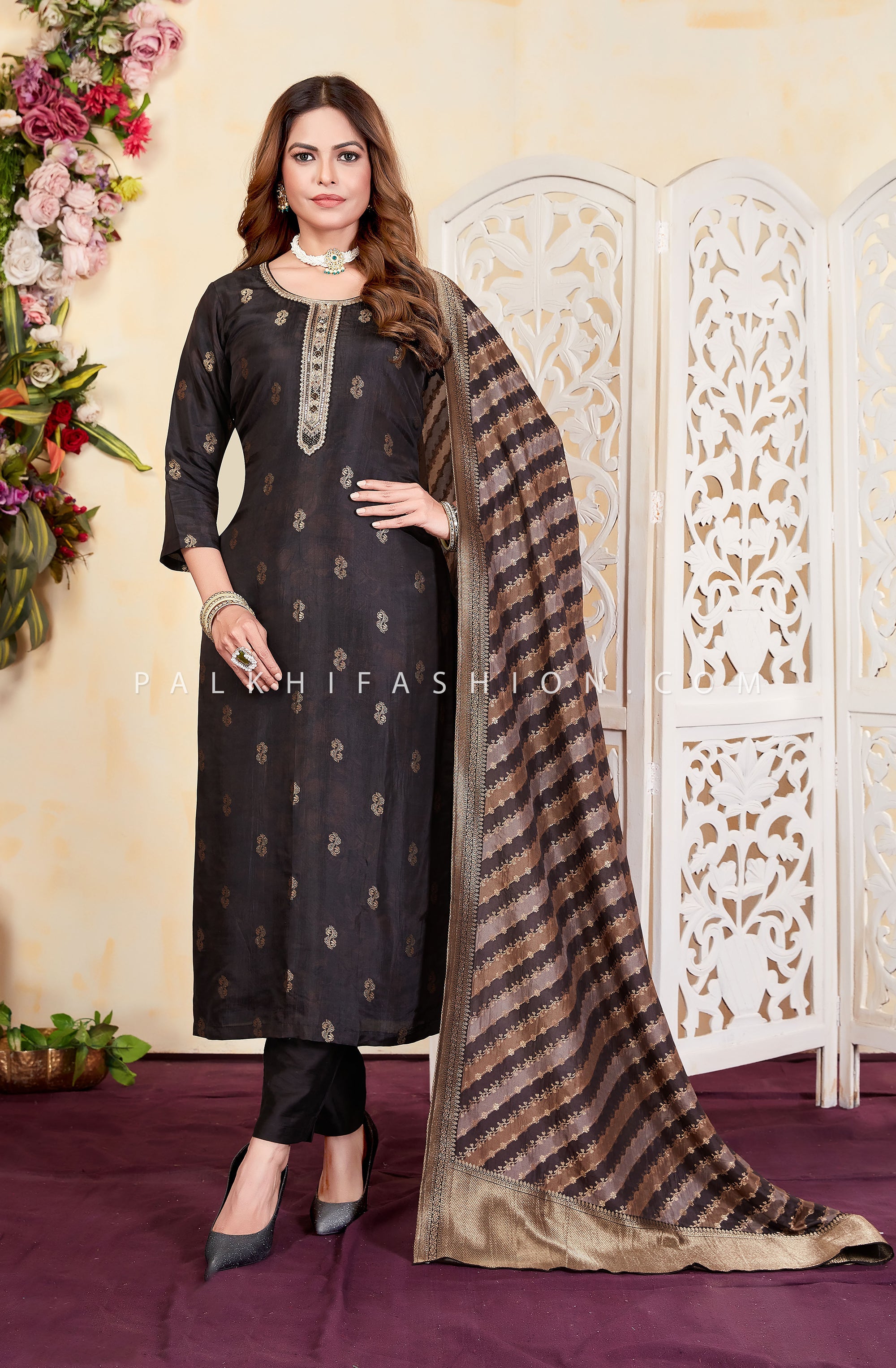 Greyish Black Straight Suit with Pure Silk Embroidered Dupatta – Palkhi Fashion