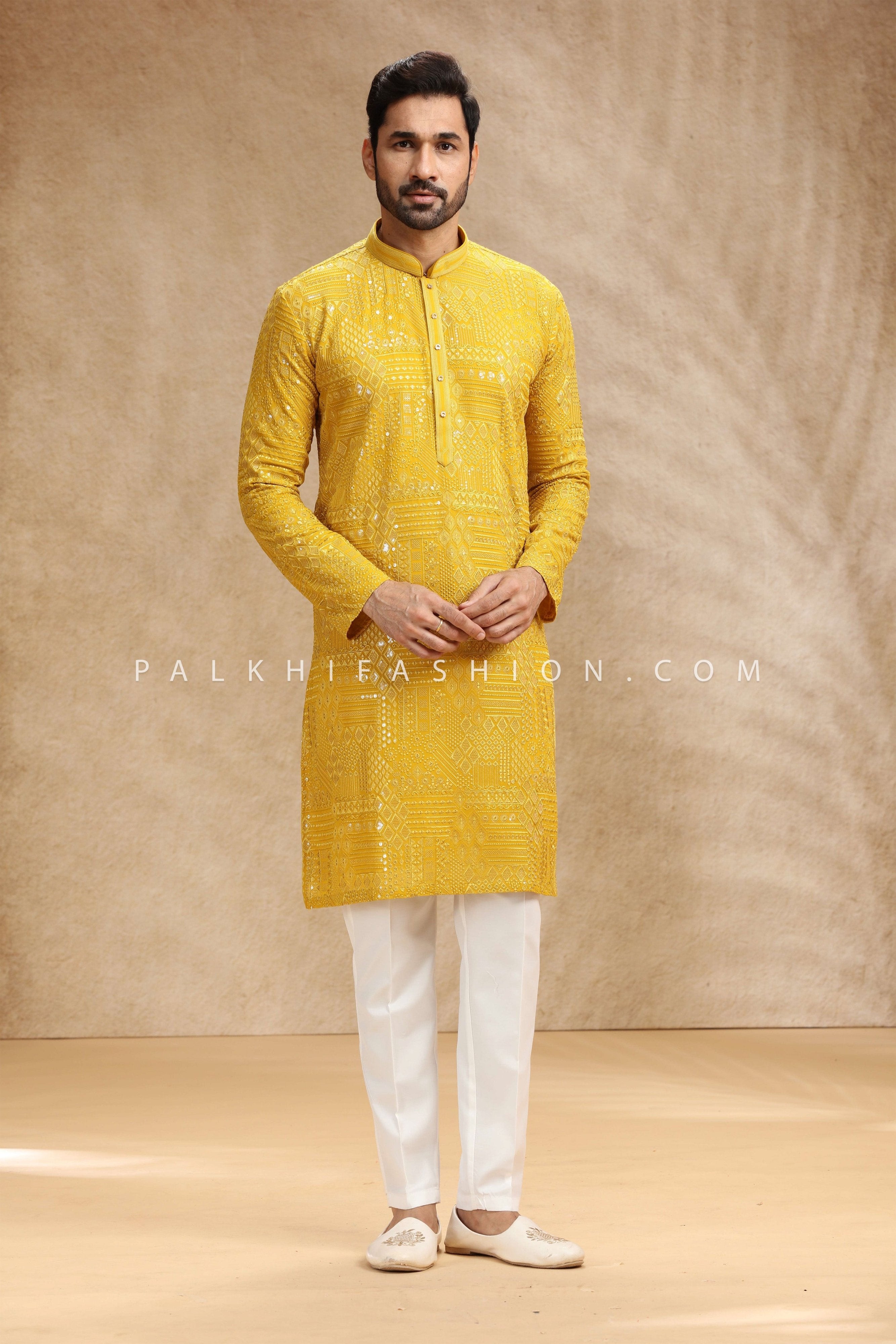 ✨ Haldi Glow: Yellow Men’s Chikankari Kurta Pajama with Petite Sequins – Palkhi Fashion