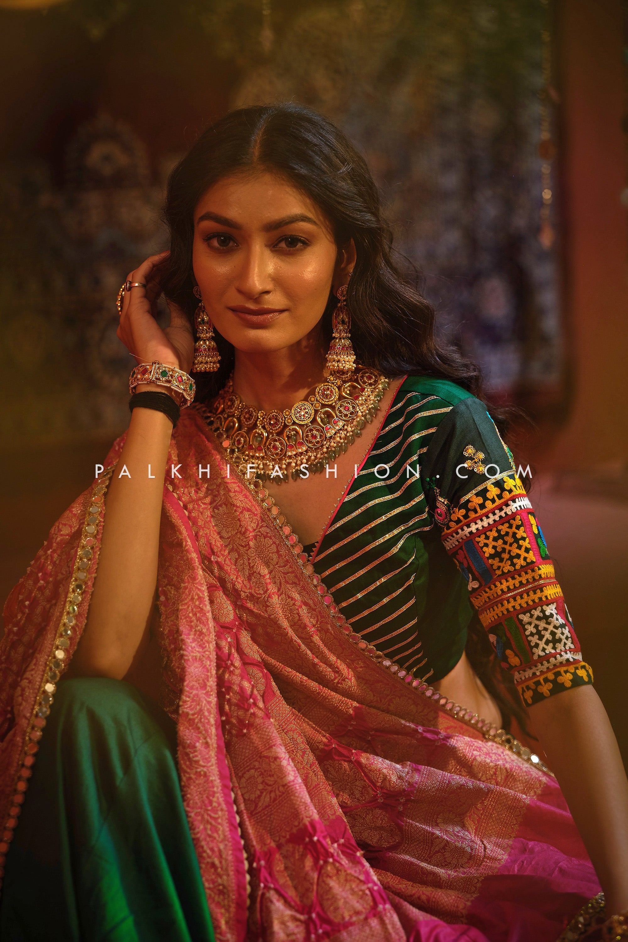 Handcrafted Emerald Green Silk Chaniya Choli for Navratri