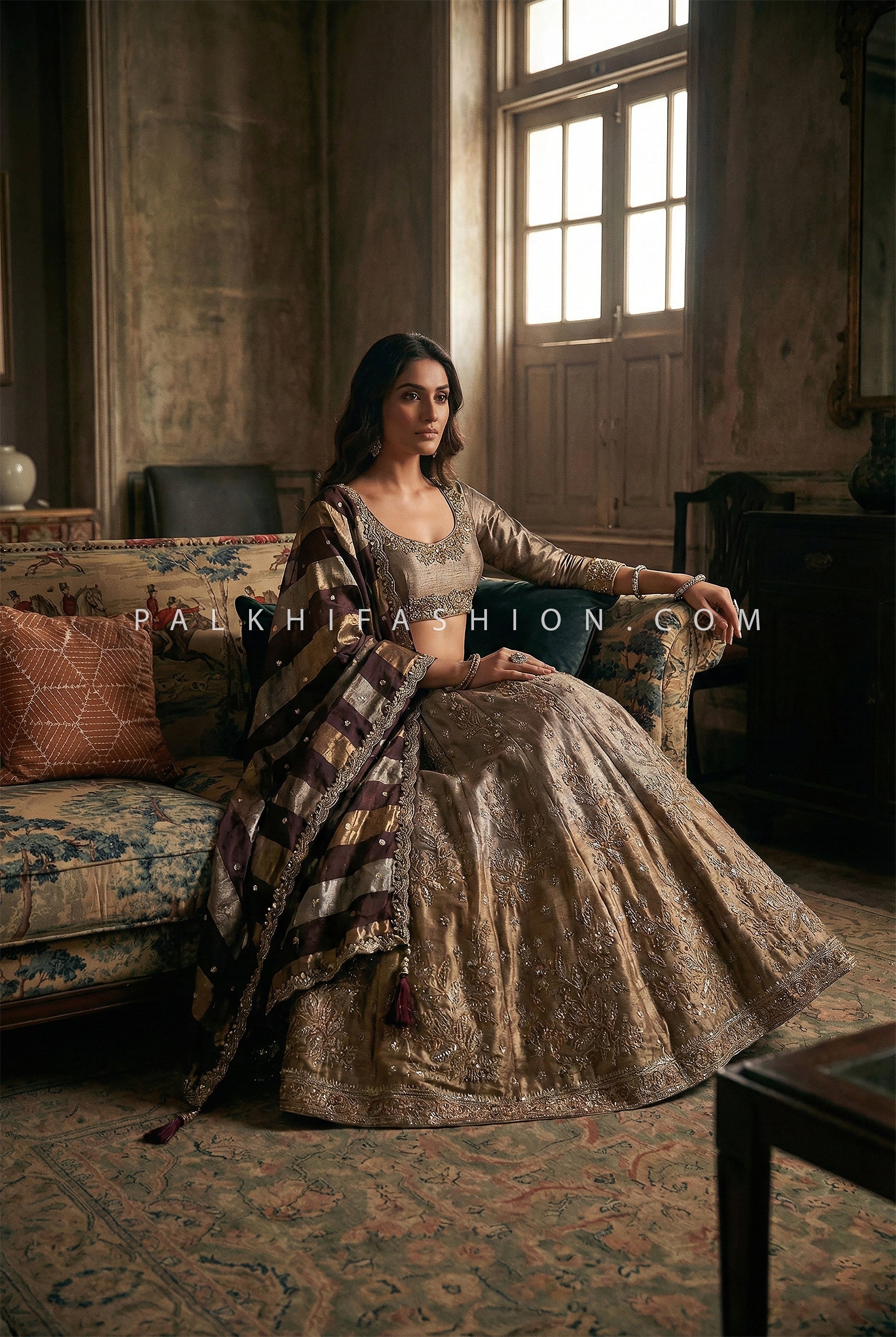 Heritage Antique Gold Brocade Lehenga with Wine Dupatta | Couture Lehenga Palkhi Fashion
