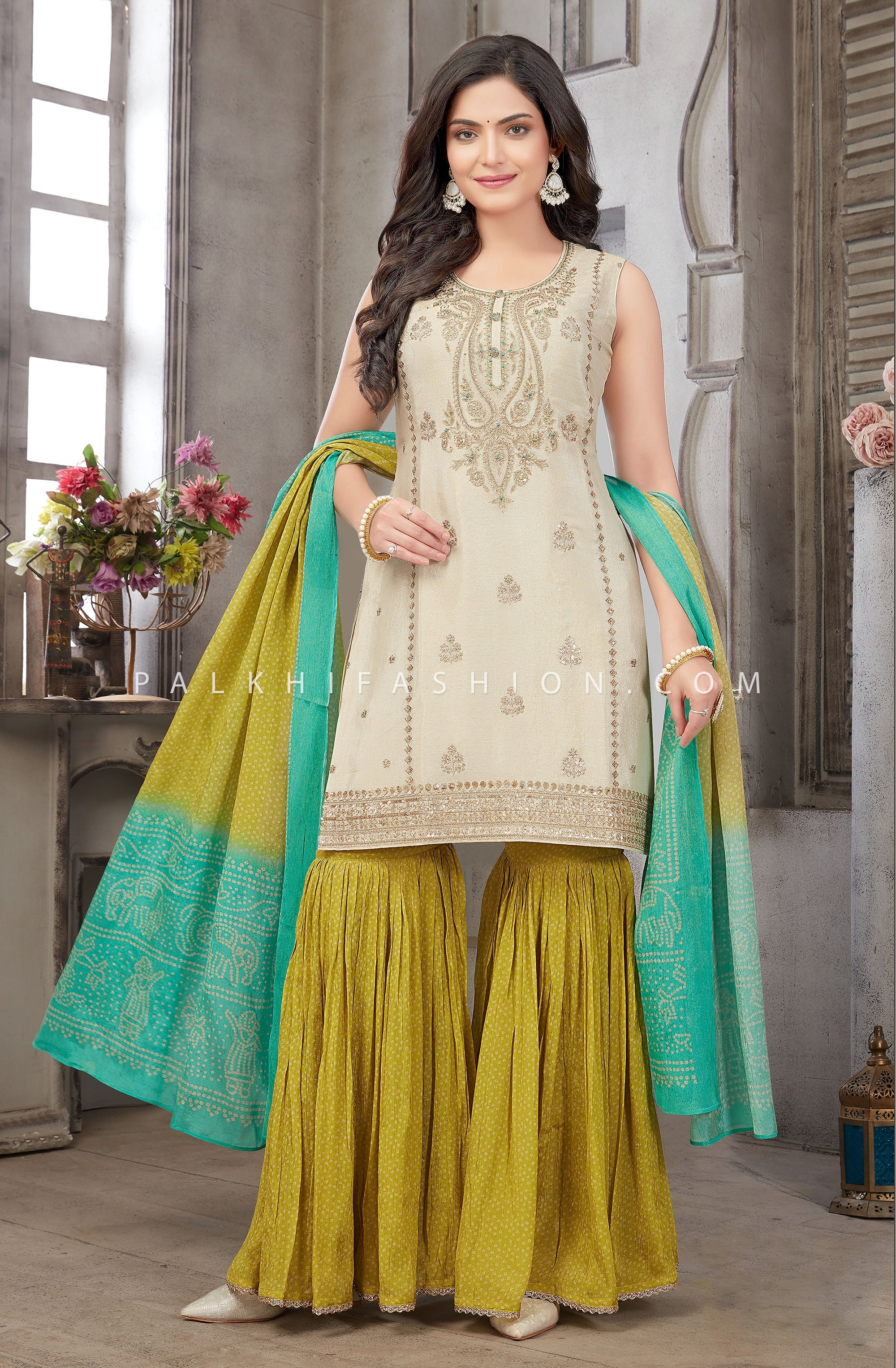 Heritage Bandhani Breeze: Ivory Straight - Cut Kurti with Bandhani Palazzo & Dupatta