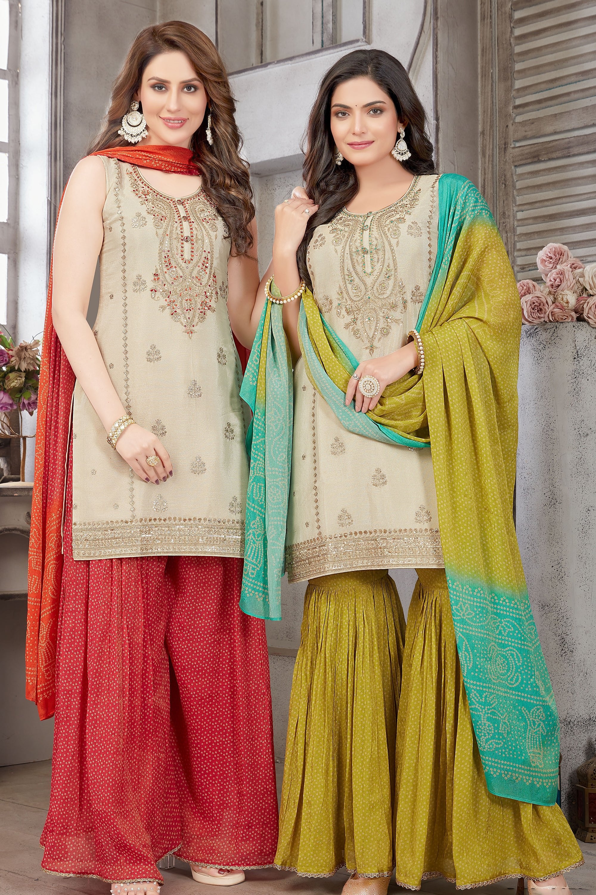 Heritage Bandhani Breeze: Ivory Straight - Cut Kurti with Bandhani Palazzo & Dupatta