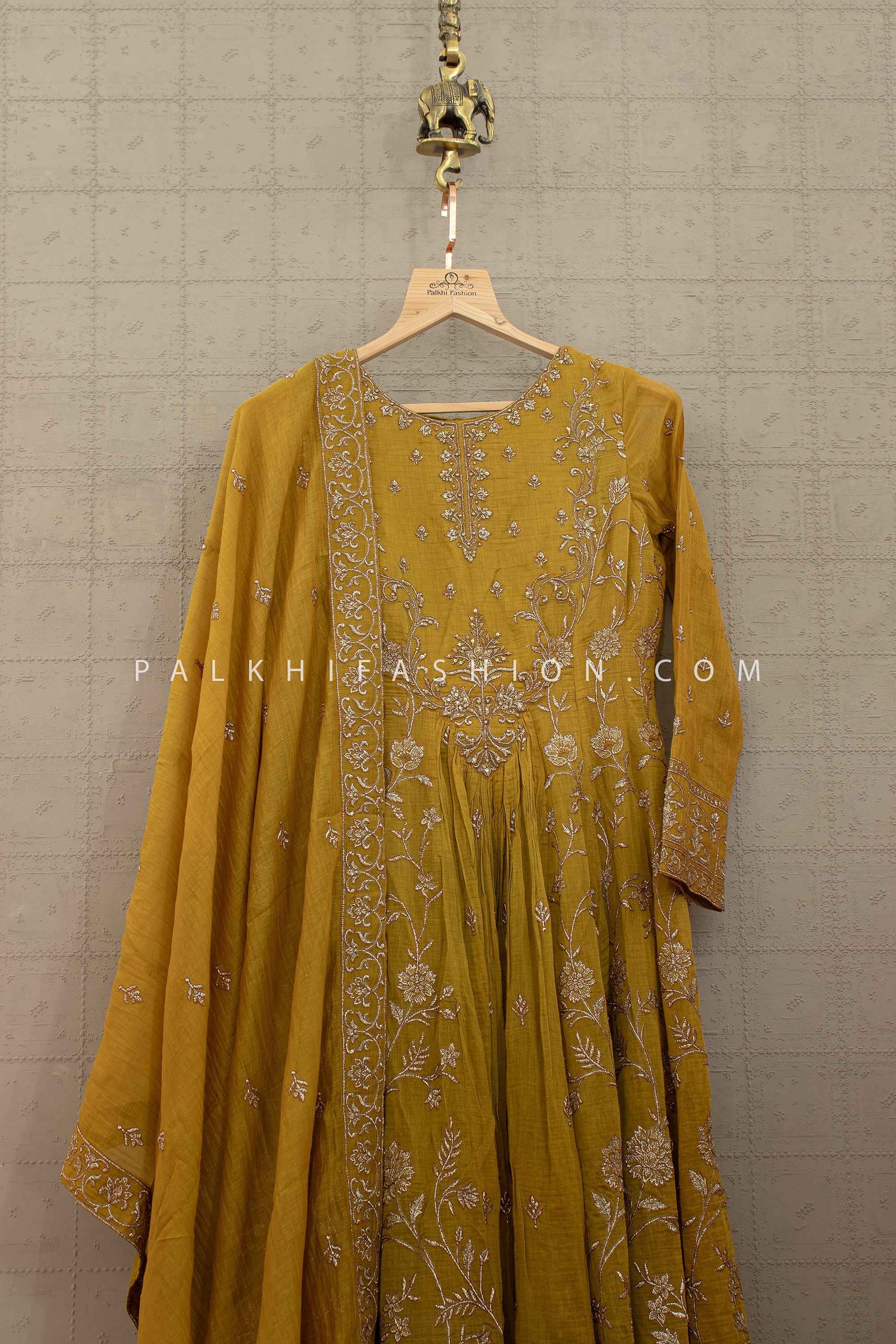 Heritage Glow Edit - Mustard Yellow Chanderi Silk Anarkali Palazzo Set – Palkhi Fashion