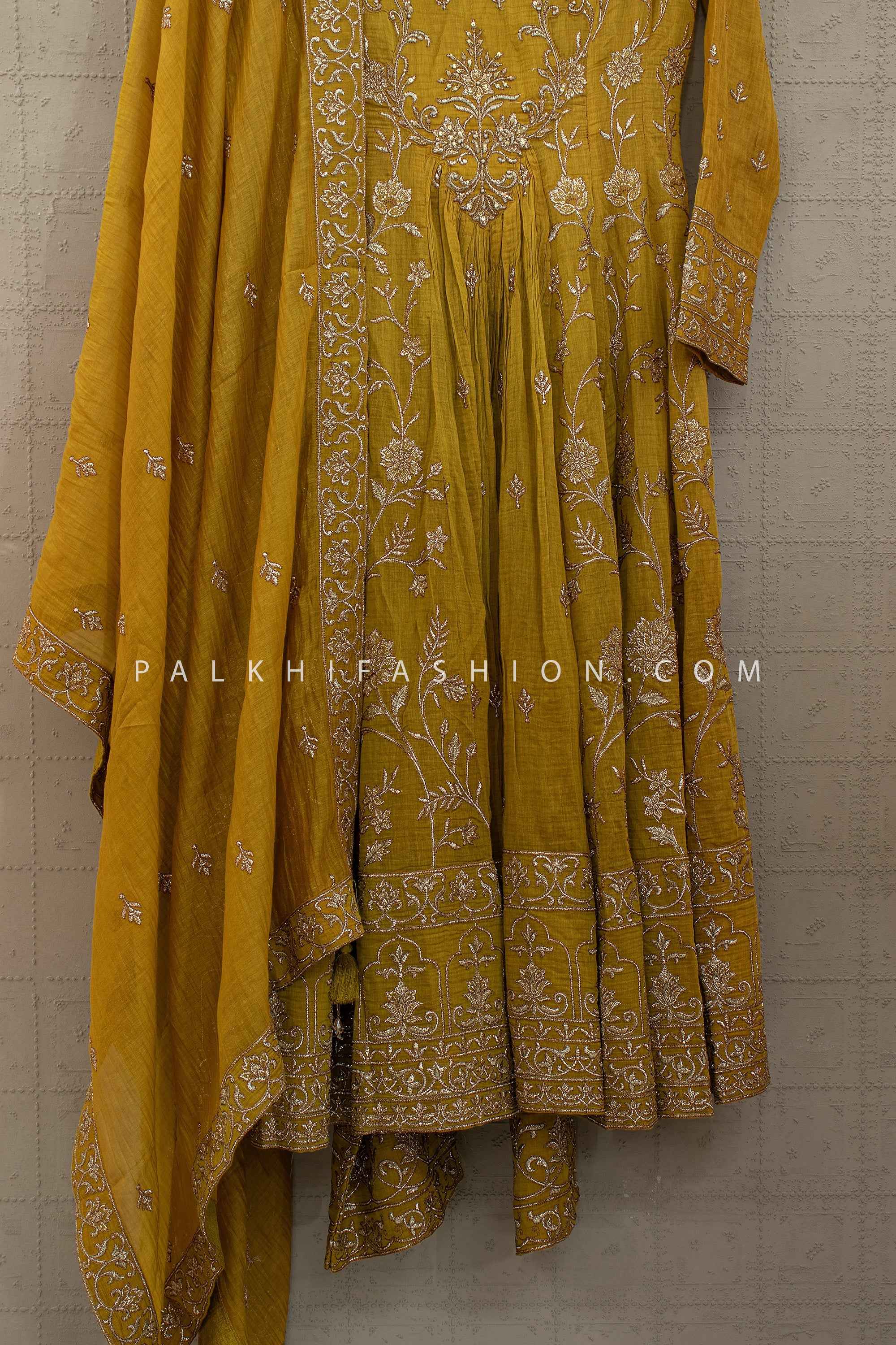 Heritage Glow Edit - Mustard Yellow Chanderi Silk Anarkali Palazzo Set – Palkhi Fashion