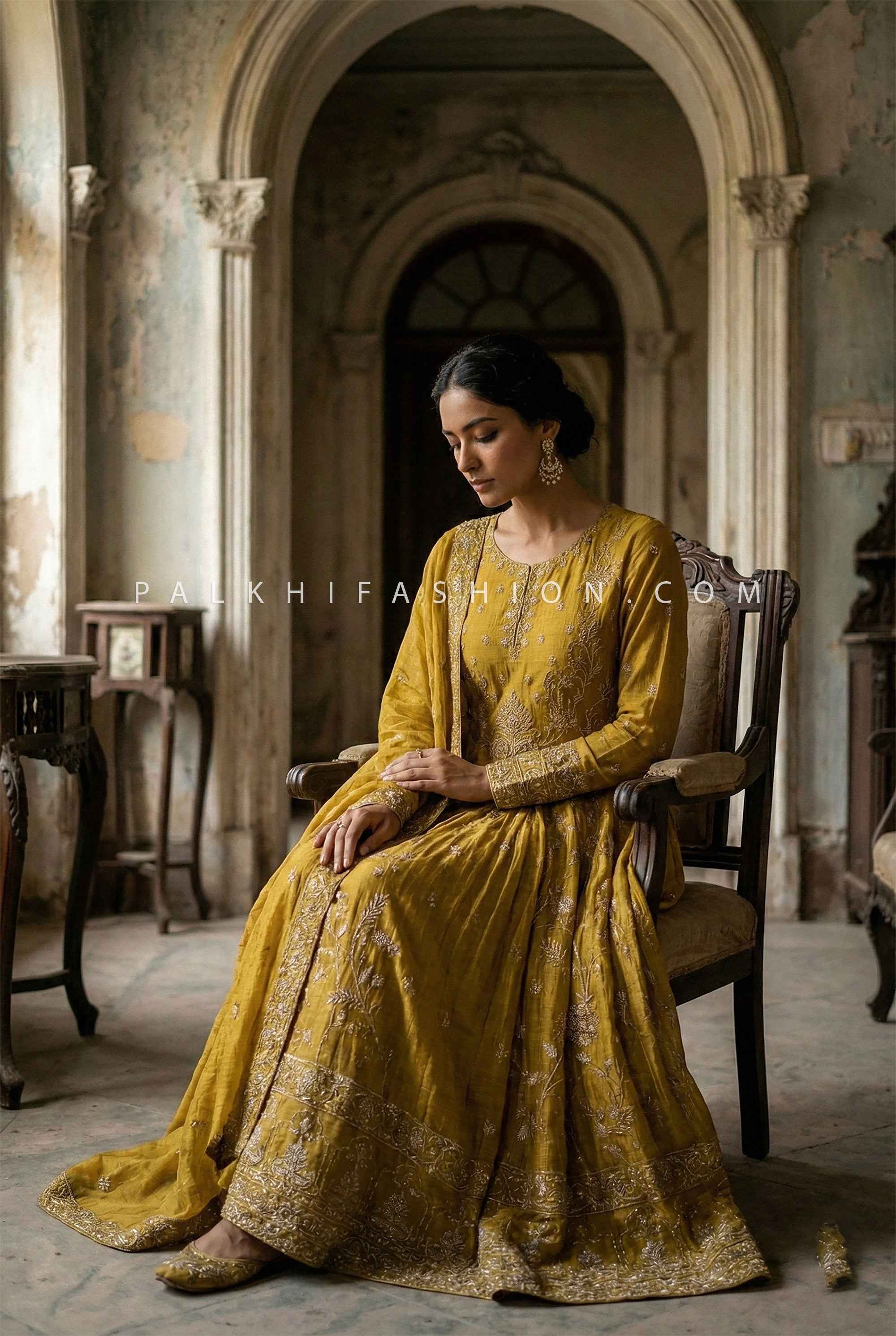 Heritage Glow Edit - Mustard Yellow Chanderi Silk Anarkali Palazzo Set – Palkhi Fashion
