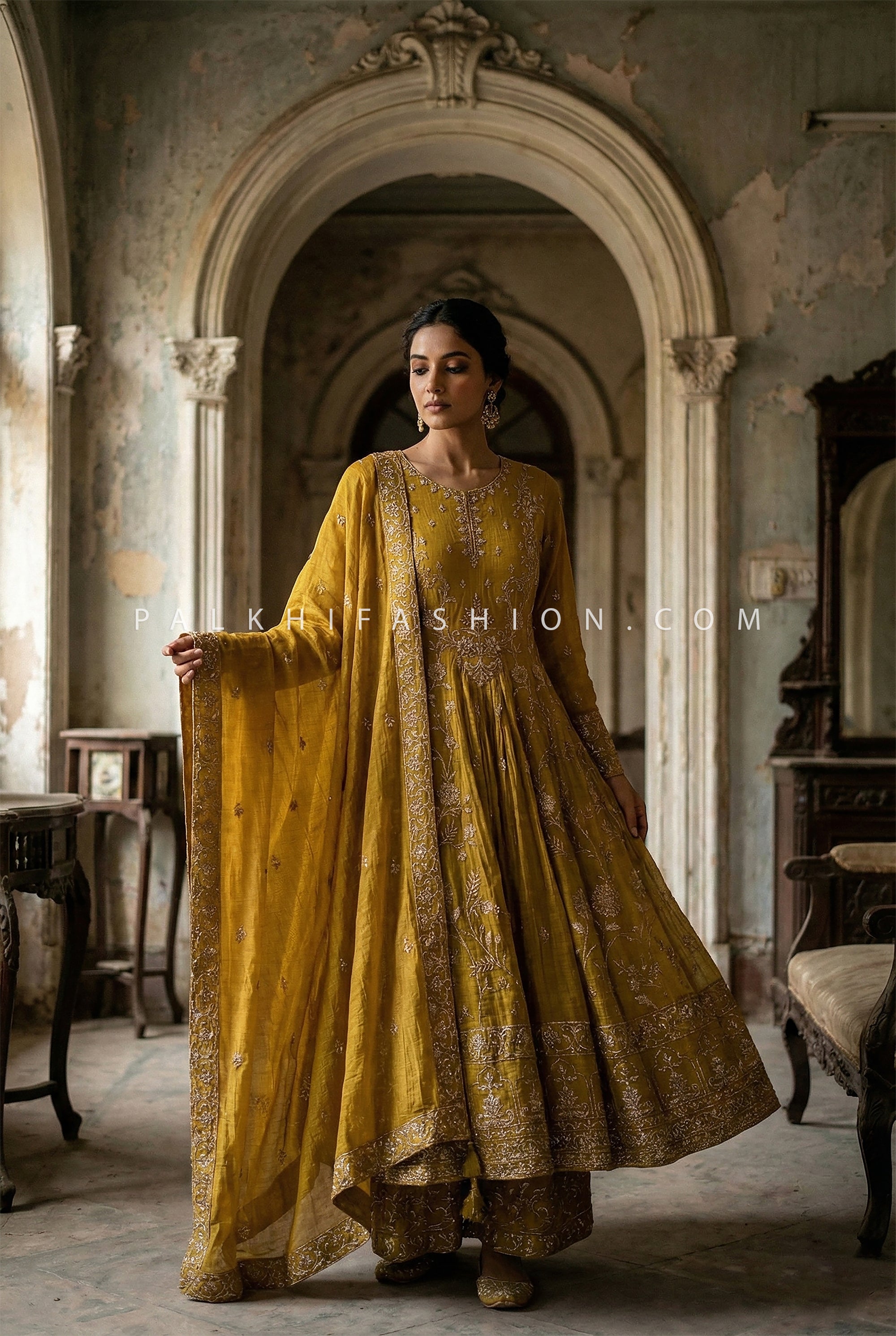 Heritage Glow Edit - Mustard Yellow Chanderi Silk Anarkali Palazzo Set – Palkhi Fashion