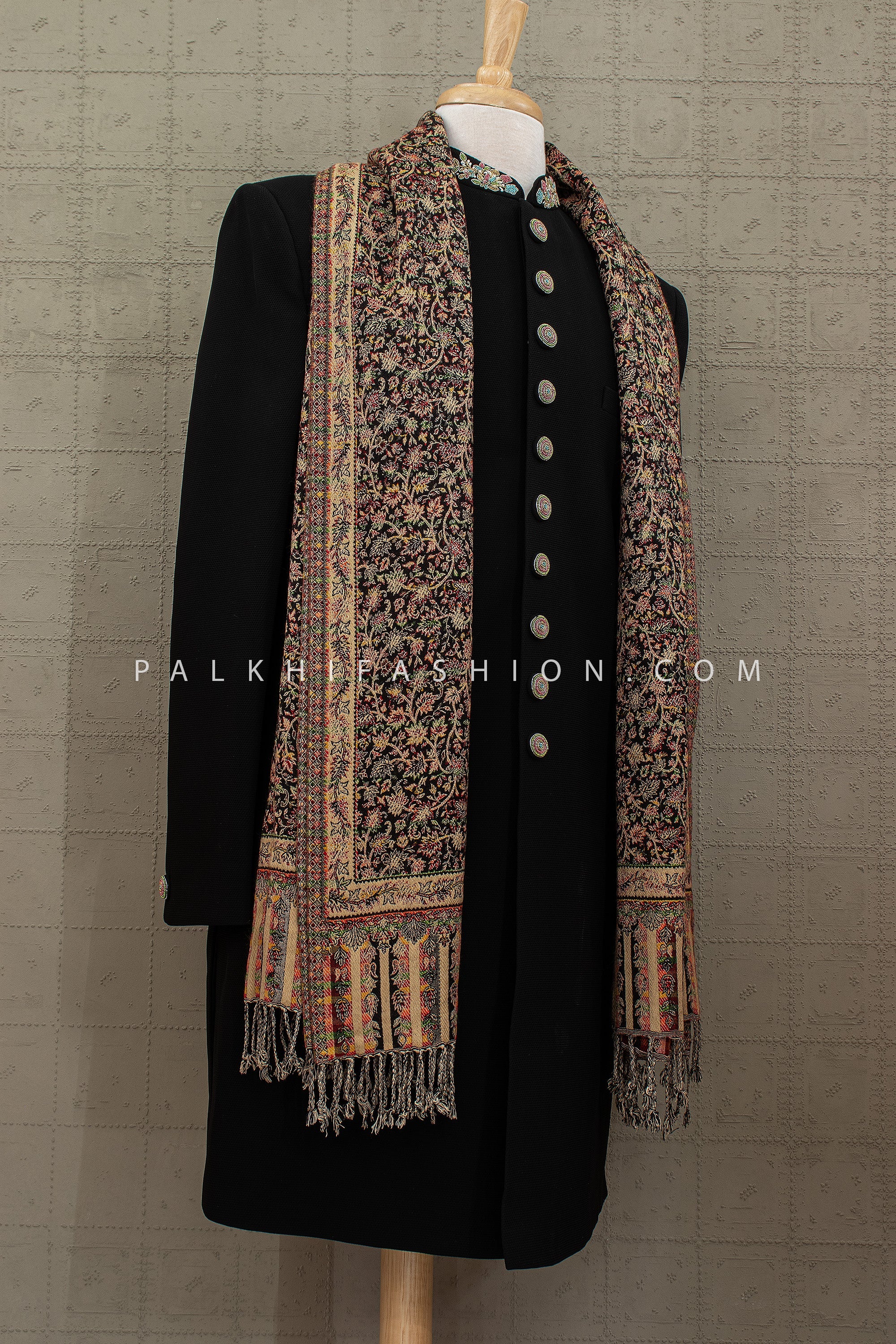 Imperial Kashmiri Edit - Black Designer Sherwani Set with Jamawar Shawl – Palkhi Fashion
