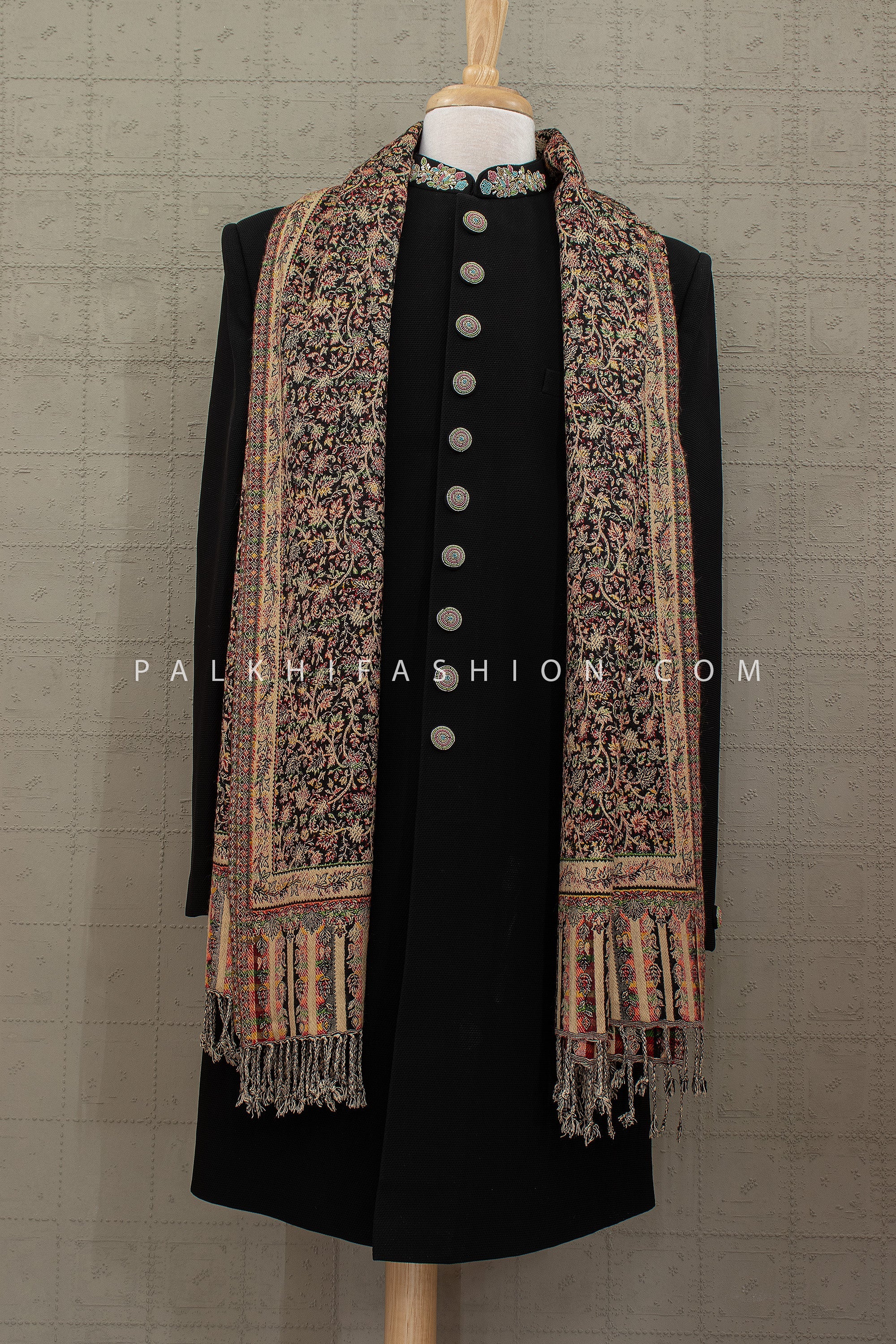 Imperial Kashmiri Edit - Black Designer Sherwani Set with Jamawar Shawl – Palkhi Fashion