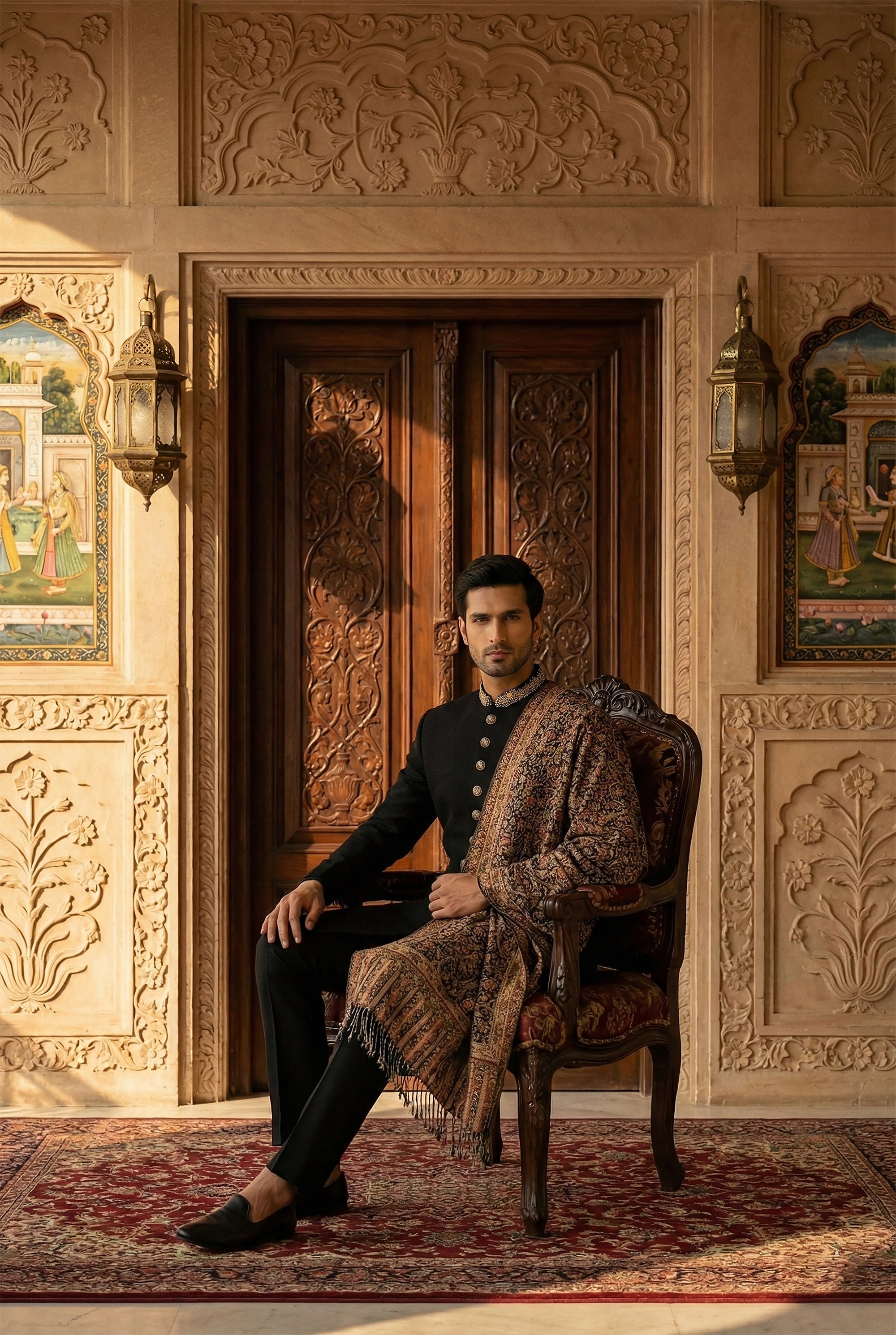 Imperial Kashmiri Edit - Black Designer Sherwani Set with Jamawar Shawl – Palkhi Fashion