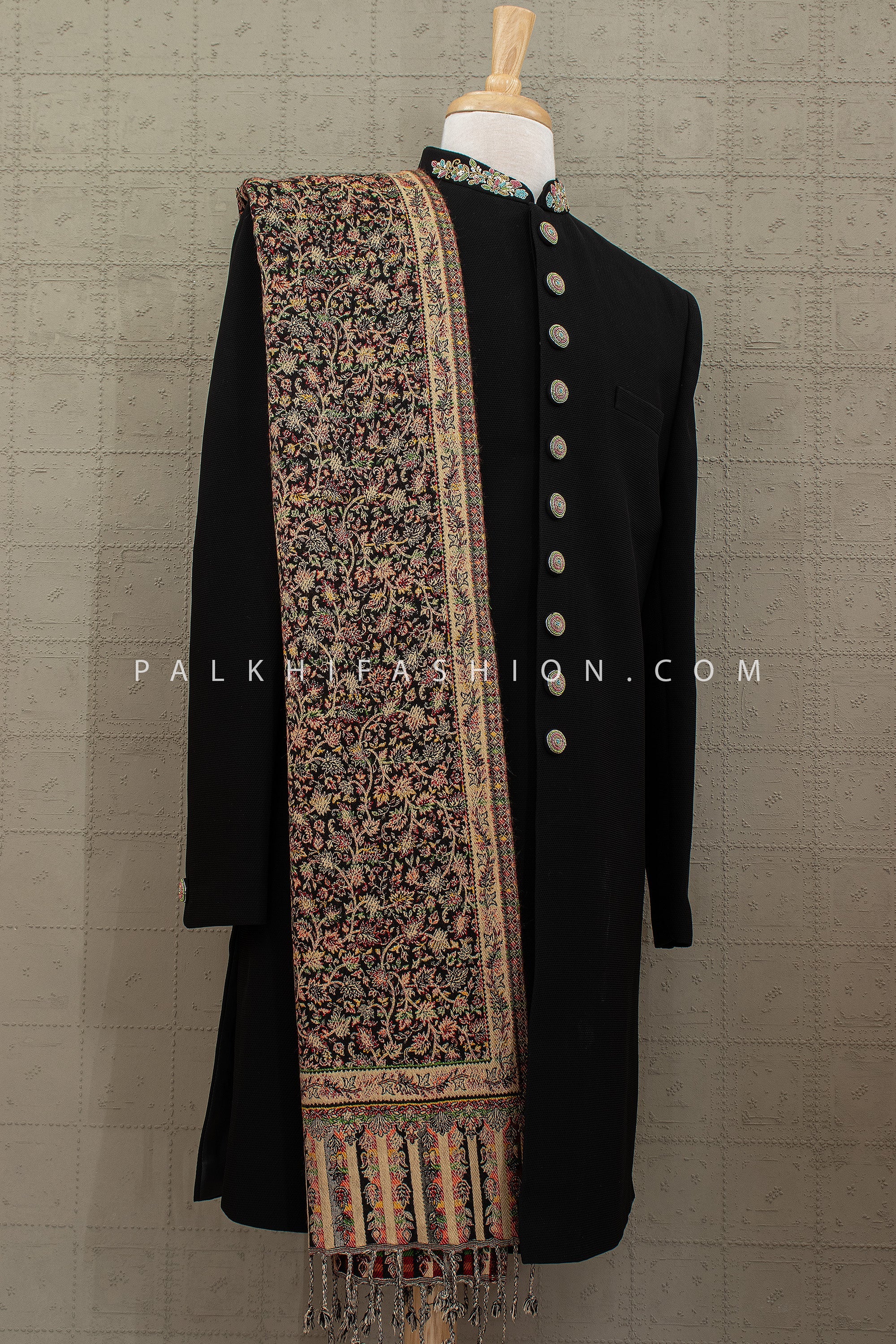 Imperial Kashmiri Edit - Black Designer Sherwani Set with Jamawar Shawl – Palkhi Fashion