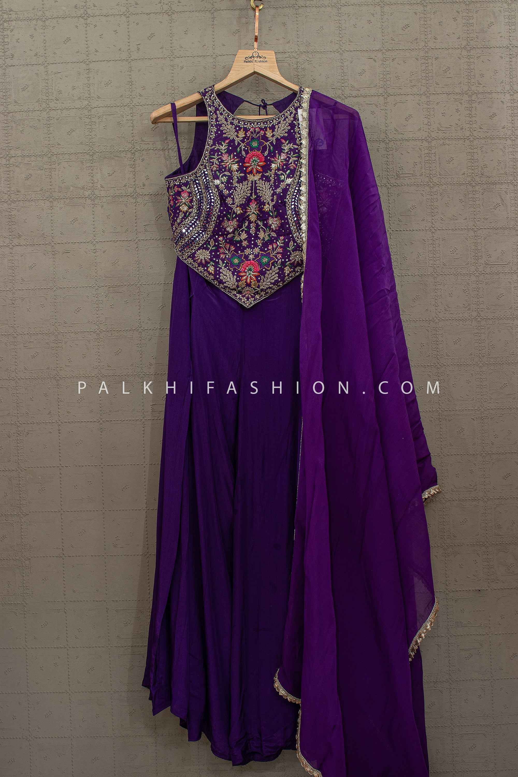 Imperial Violet Glam – Purple Mirror Work Indo-Western Palazzo Ensemble – Palkhi Fashion