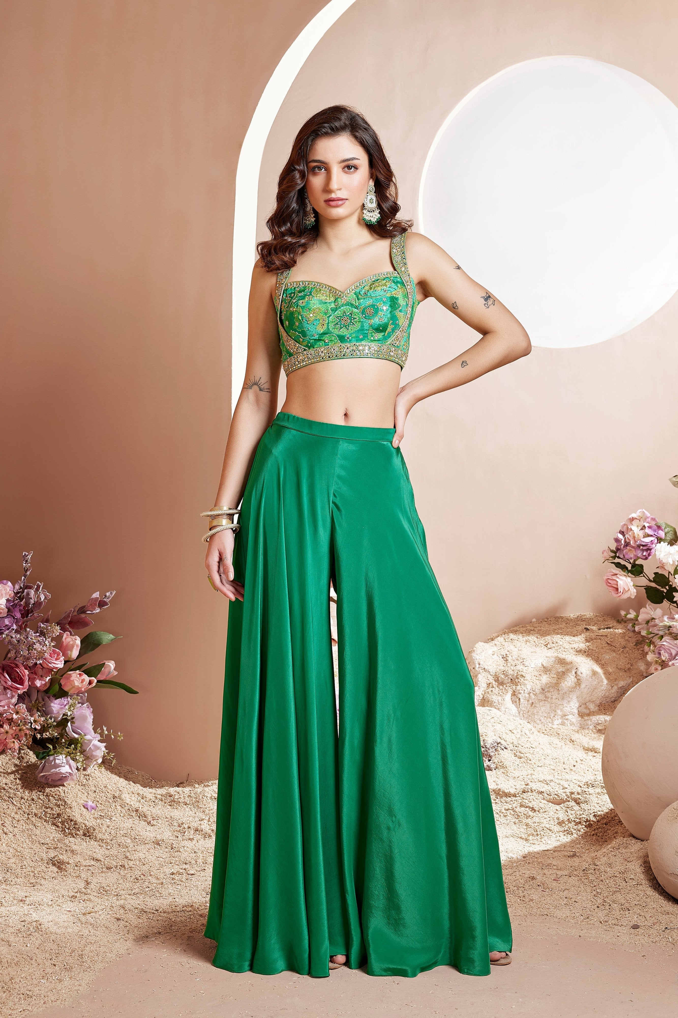 Indie Vogue: Emerald Green Crop Top Palazzo Outfit – Palkhi Fashion