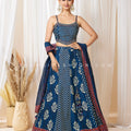 Indigo Heritage Noor — Blue Chevron & Floral Printed Lehenga Set | Palkhi Fashion