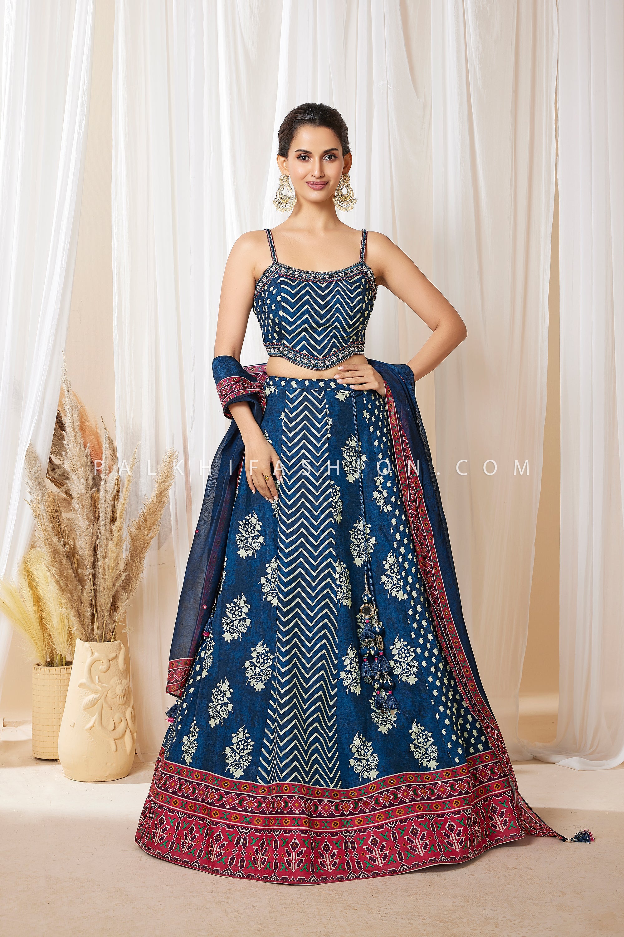 Indigo Heritage Noor — Blue Chevron & Floral Printed Lehenga Set | Palkhi Fashion