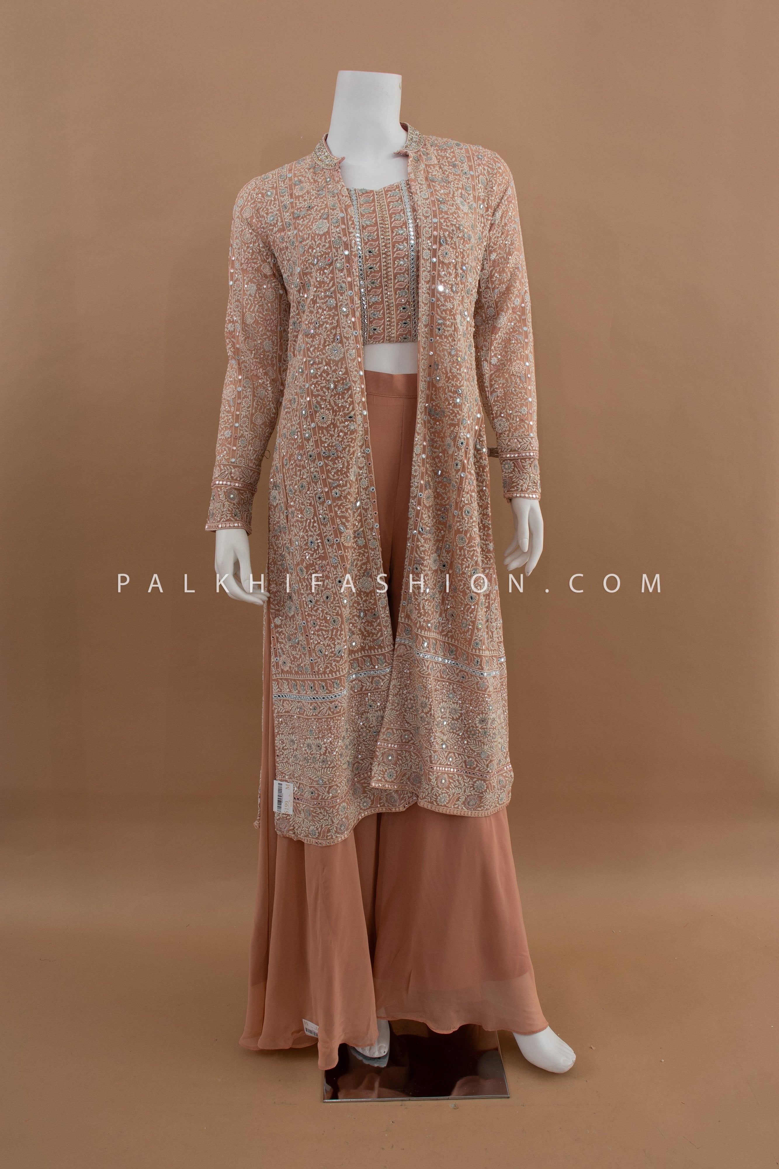 Indo - Western Co - ord Set in Salmon Peach with Hand Embellishments – Palkhi Fashion