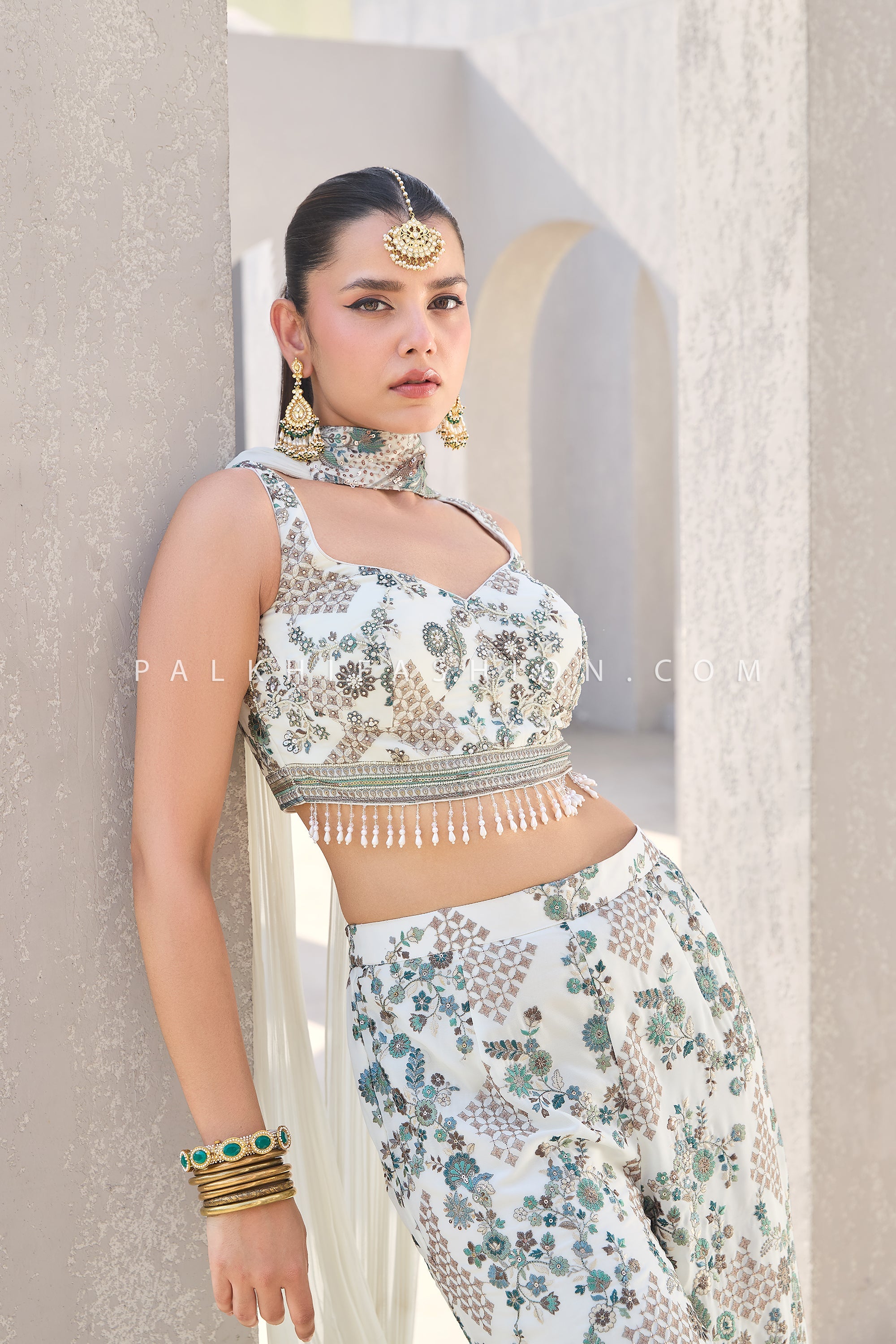 Ivory Pearl Blossom: Contemporary Embroidered Palazzo Outfit – Palkhi Fashion