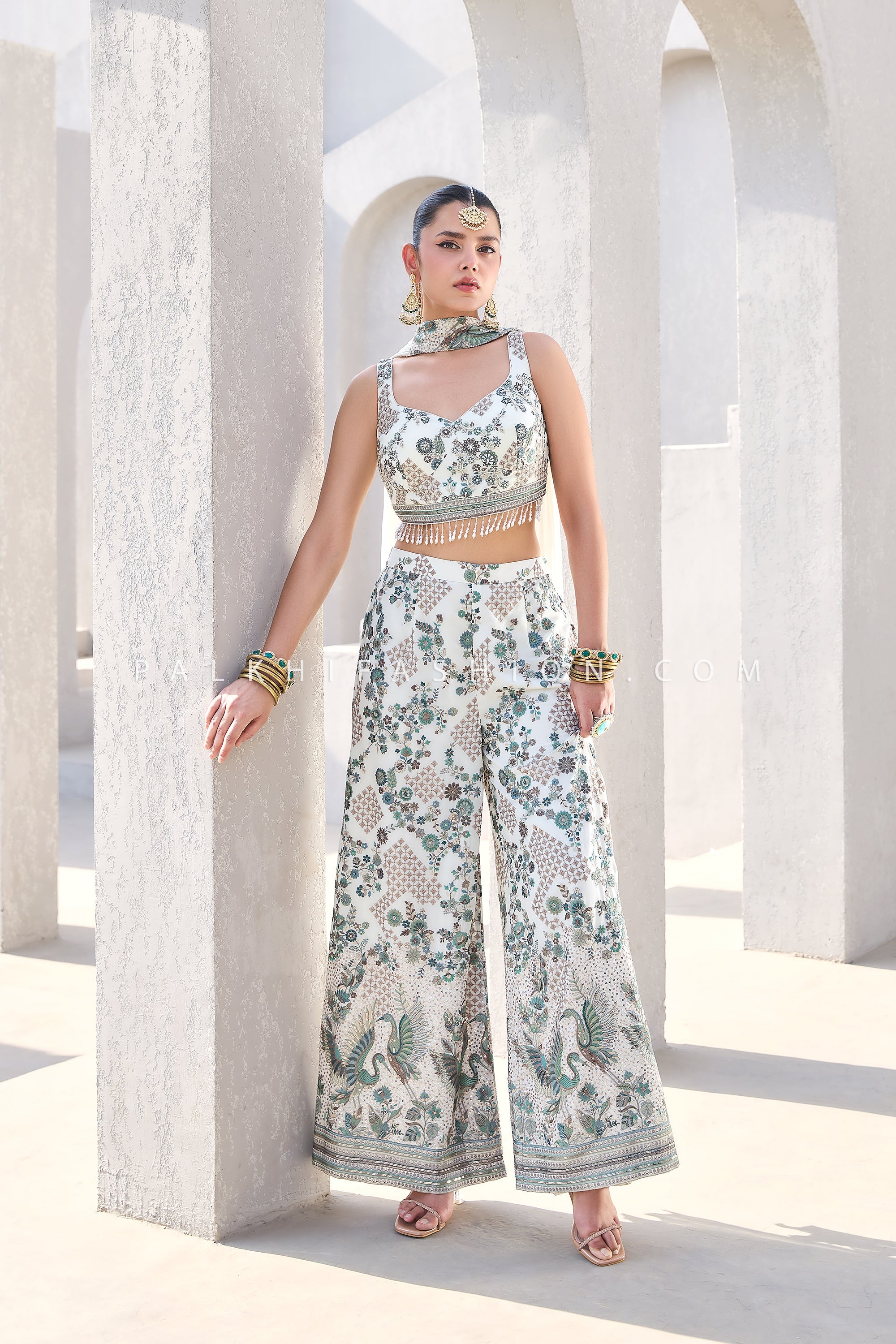 Ivory Pearl Blossom: Contemporary Embroidered Palazzo Outfit – Palkhi Fashion