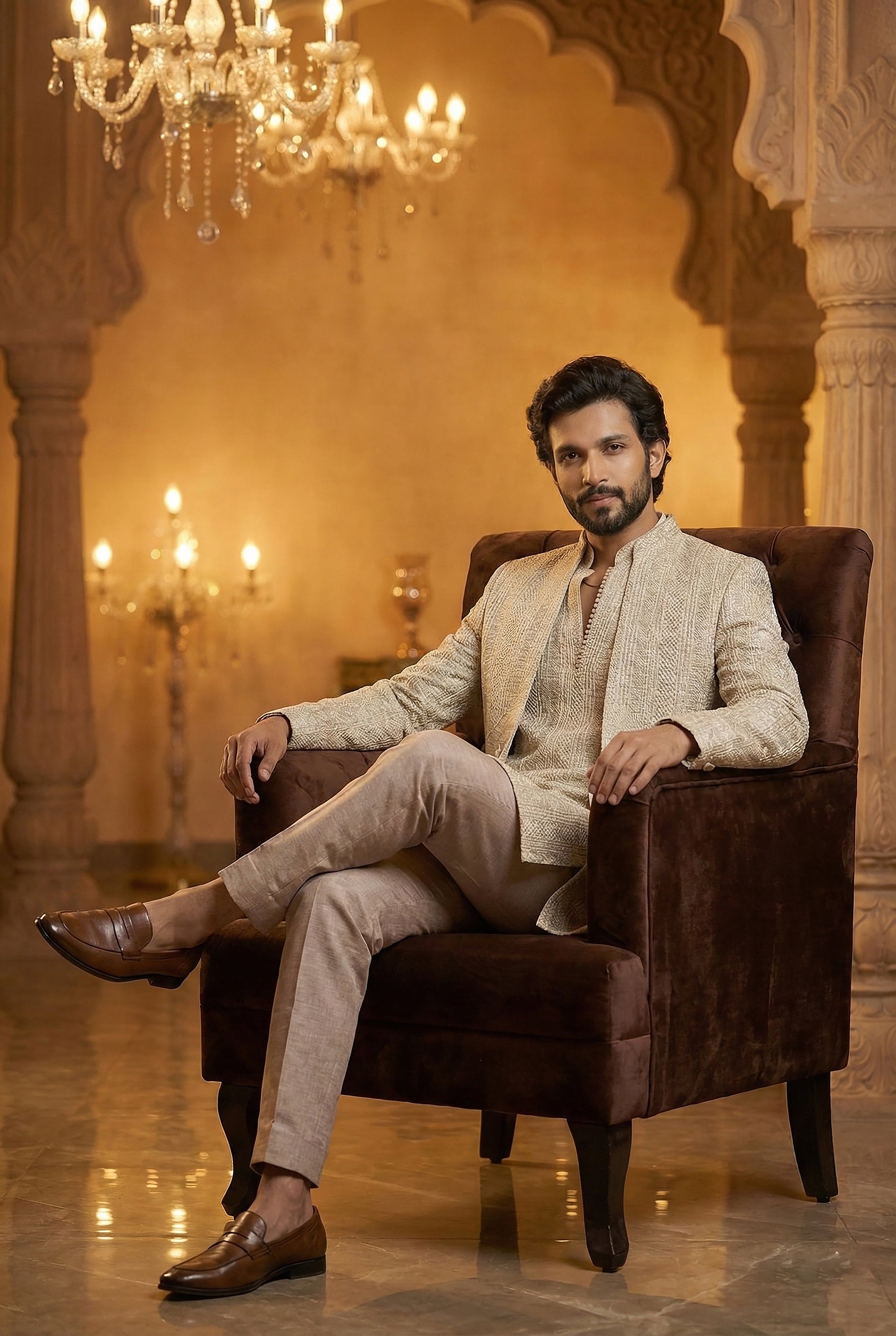 Ivory Regent: Modern Off - White Banarasi Brocade Indo - Western Set – Palkhi Fashion