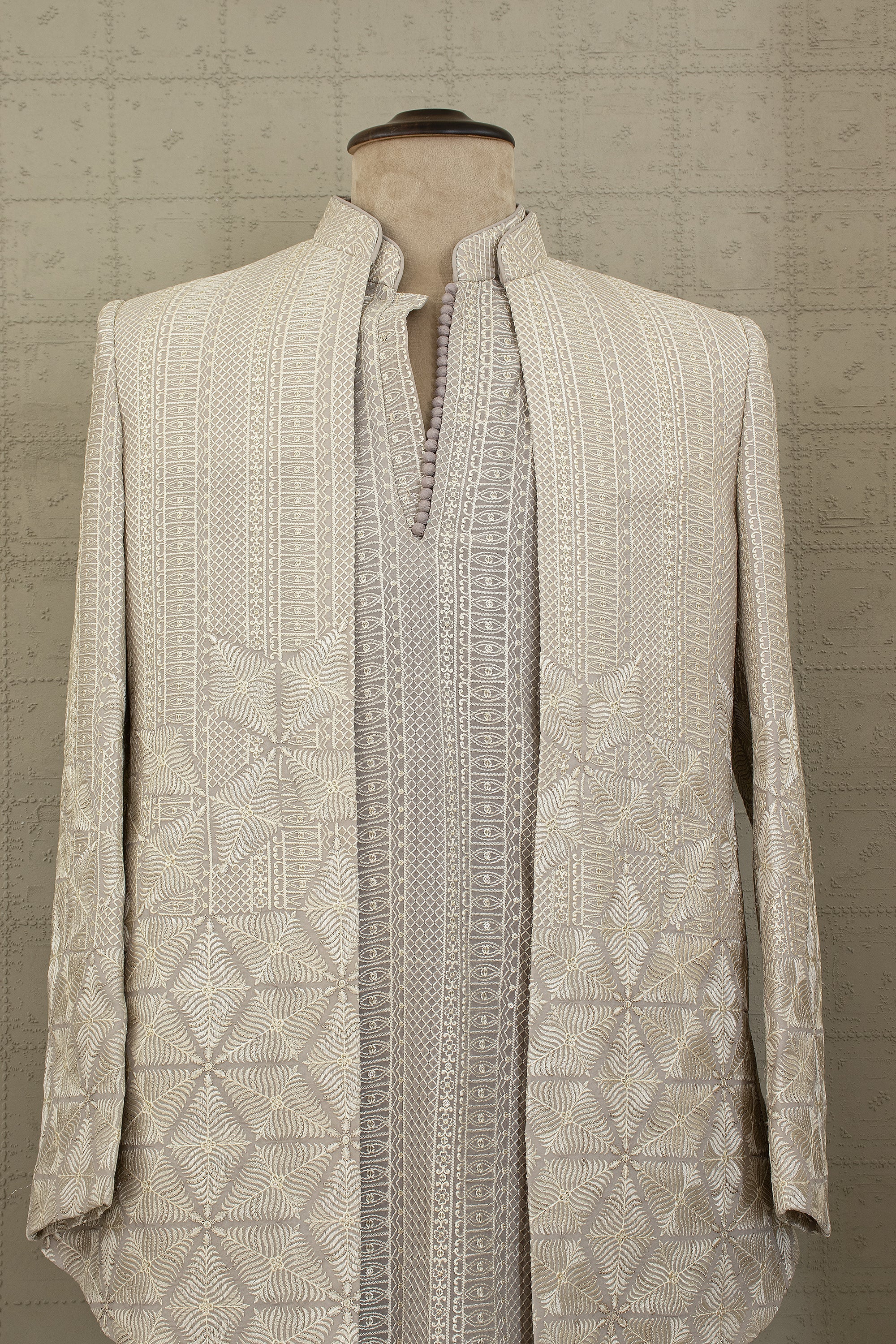 Ivory Regent: Modern Off - White Banarasi Brocade Indo - Western Set – Palkhi Fashion