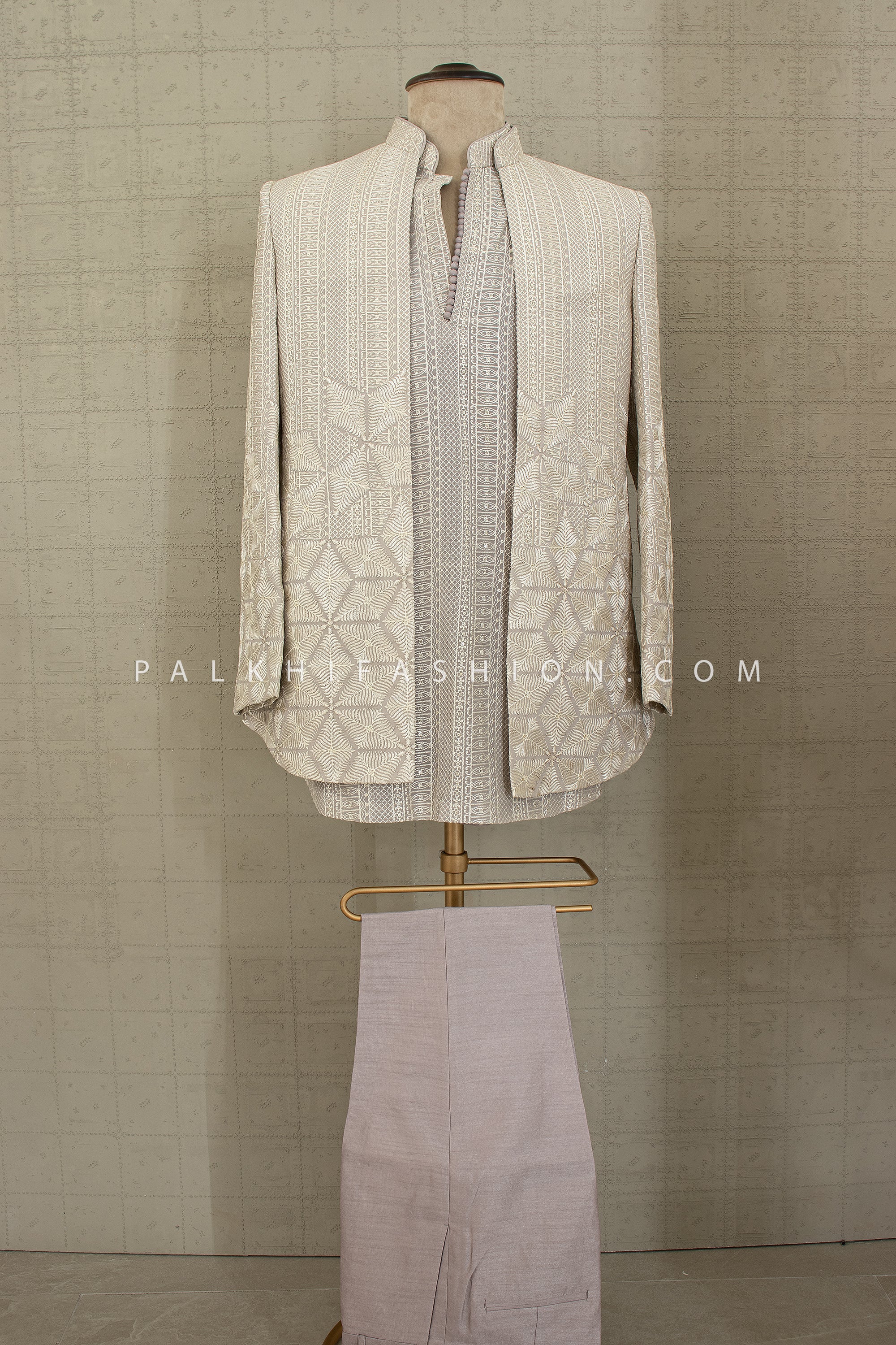 Ivory Regent: Modern Off - White Banarasi Brocade Indo - Western Set – Palkhi Fashion