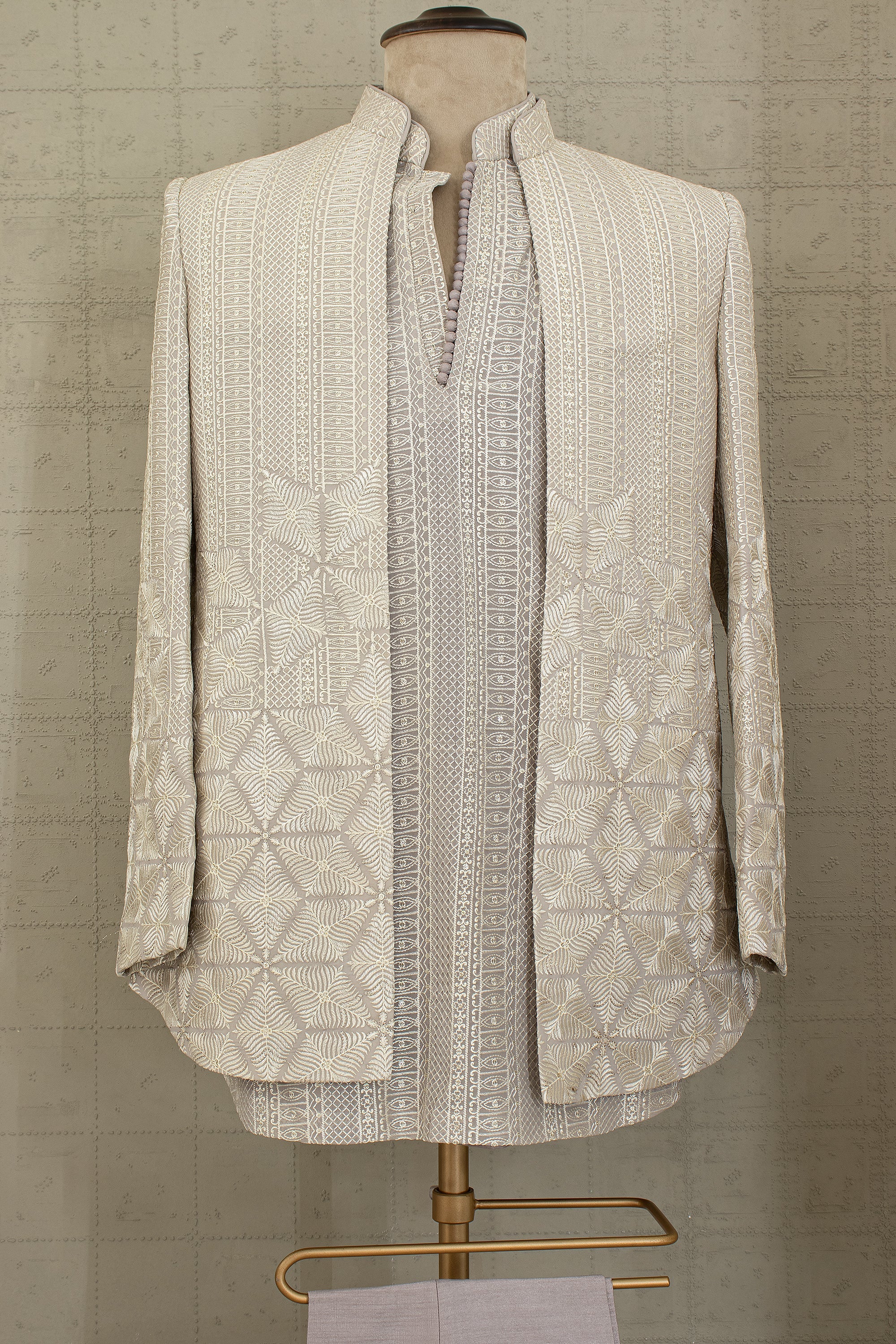 Ivory Regent: Modern Off - White Banarasi Brocade Indo - Western Set – Palkhi Fashion