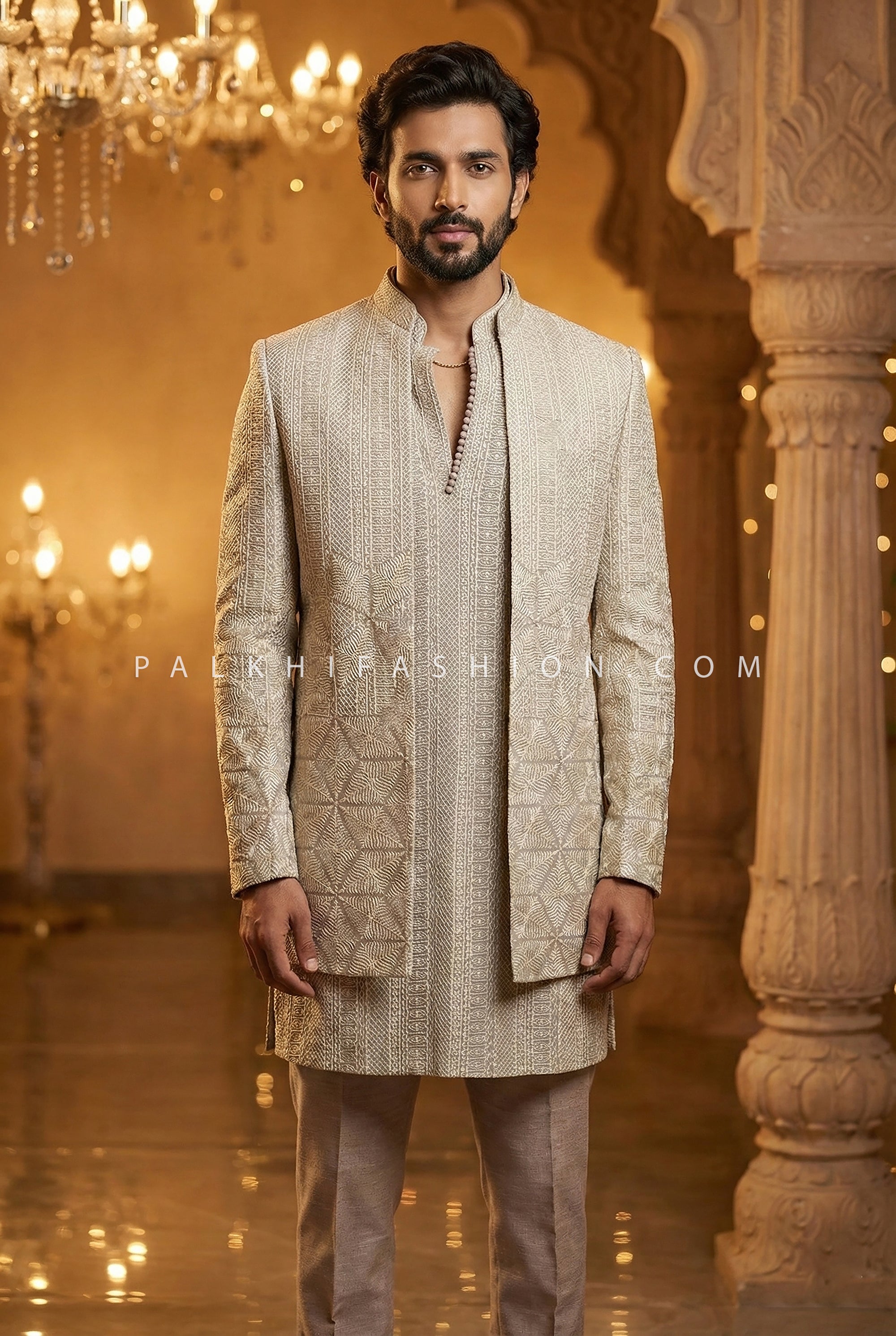 Ivory Regent: Modern Off - White Banarasi Brocade Indo - Western Set – Palkhi Fashion