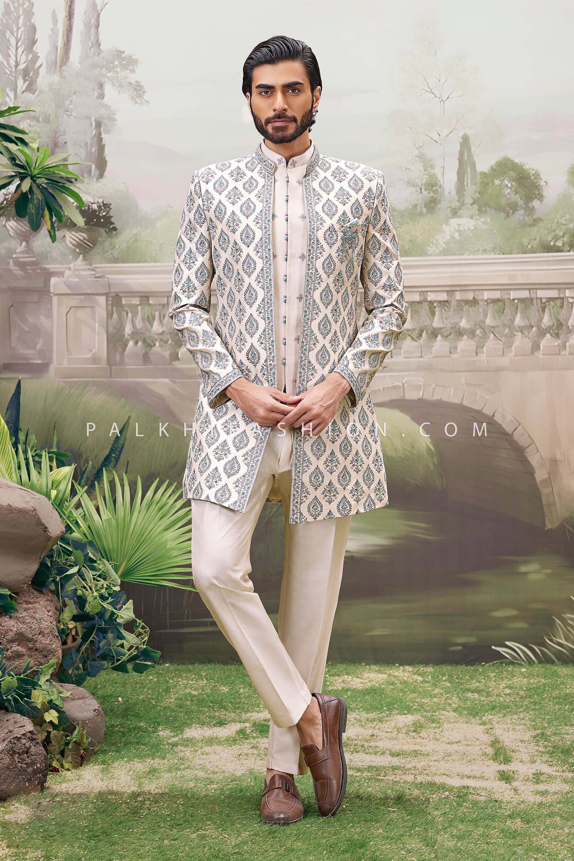 Pastel Heritage Luxe – Elegant Embroidered Indo-western Set for Men – Palkhi Fashion