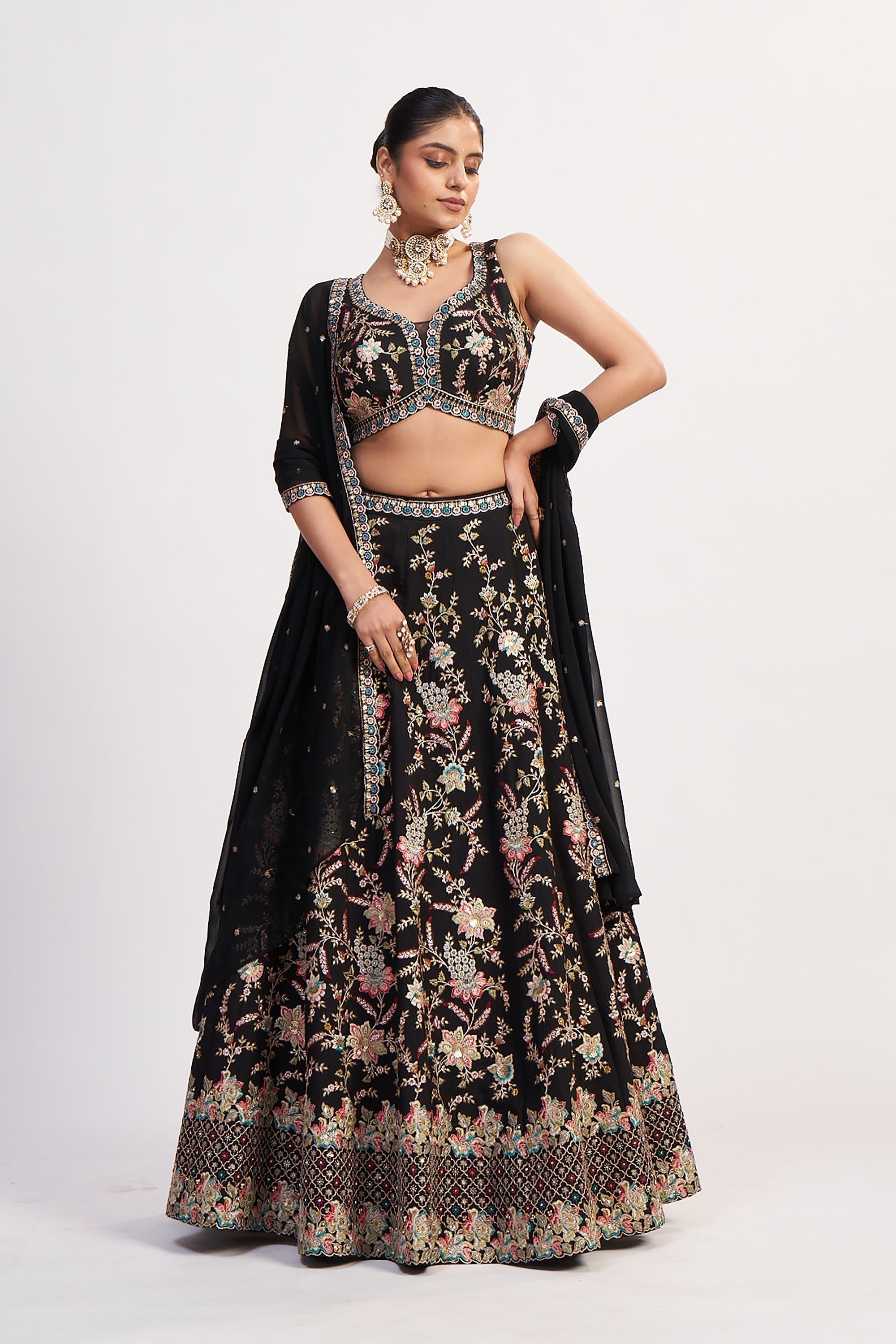 Jet Black Multicolor Thread & Handwork Designer Lehenga Choli | Palkhi Fashion USA