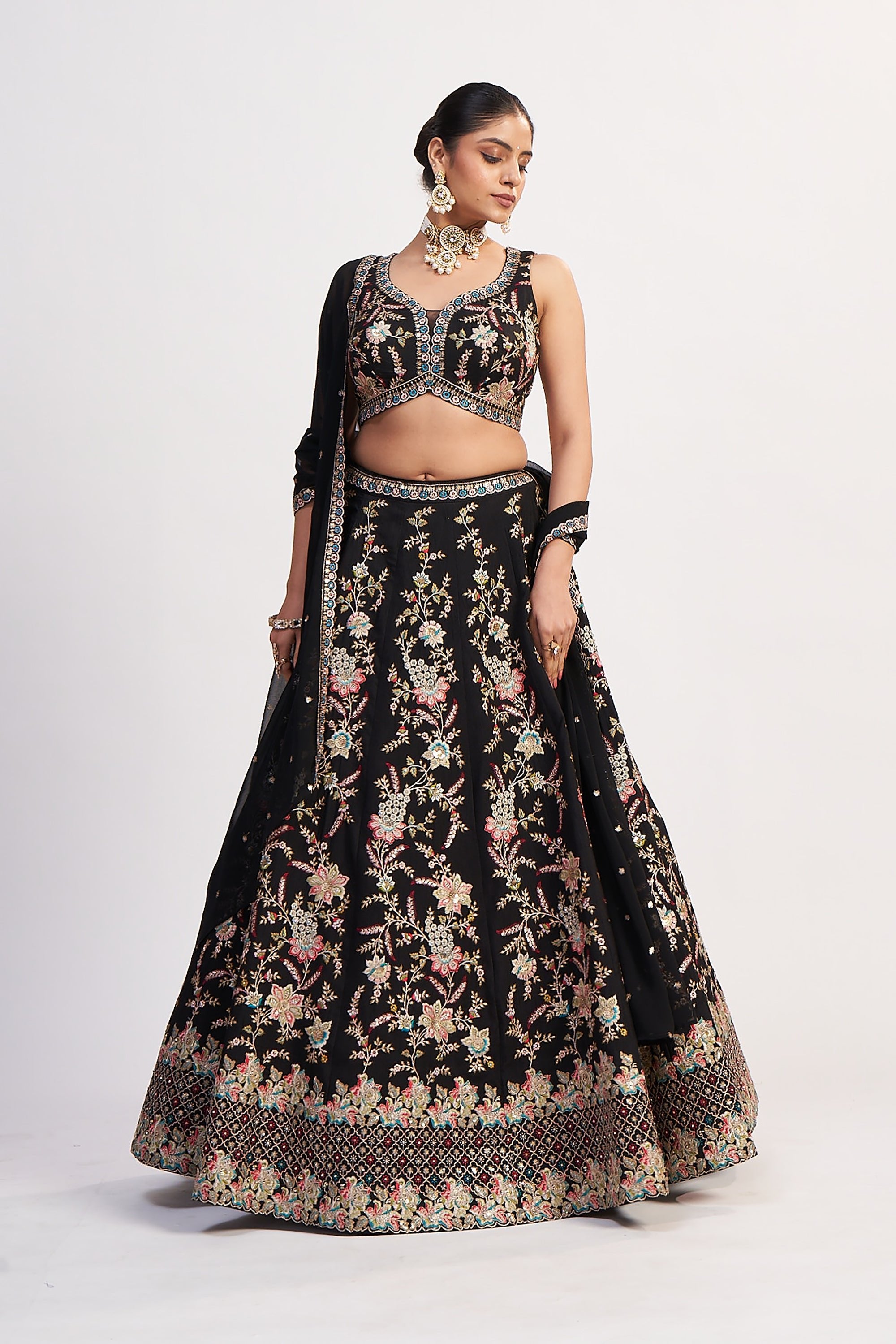 Jet Black Multicolor Thread & Handwork Designer Lehenga Choli | Palkhi Fashion USA