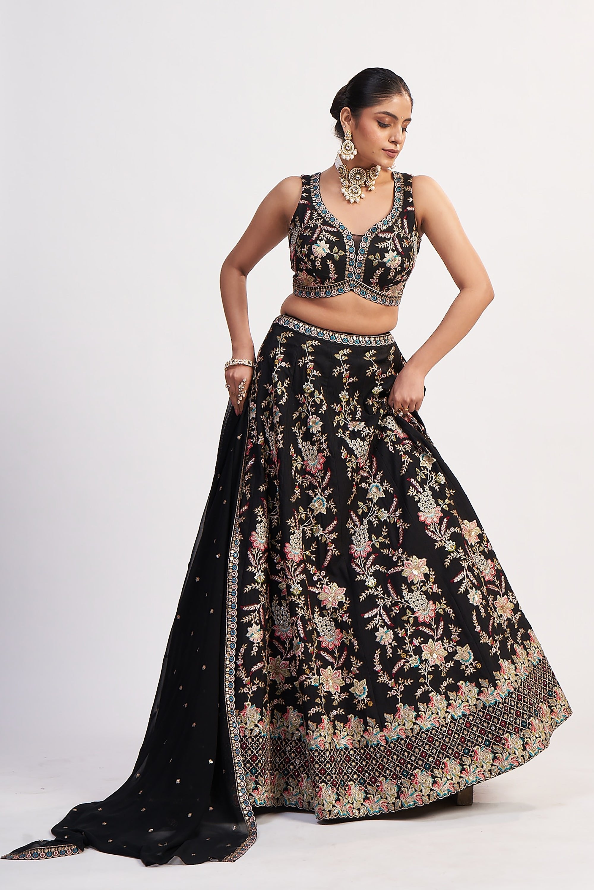 Jet Black Multicolor Thread & Handwork Designer Lehenga Choli | Palkhi Fashion USA