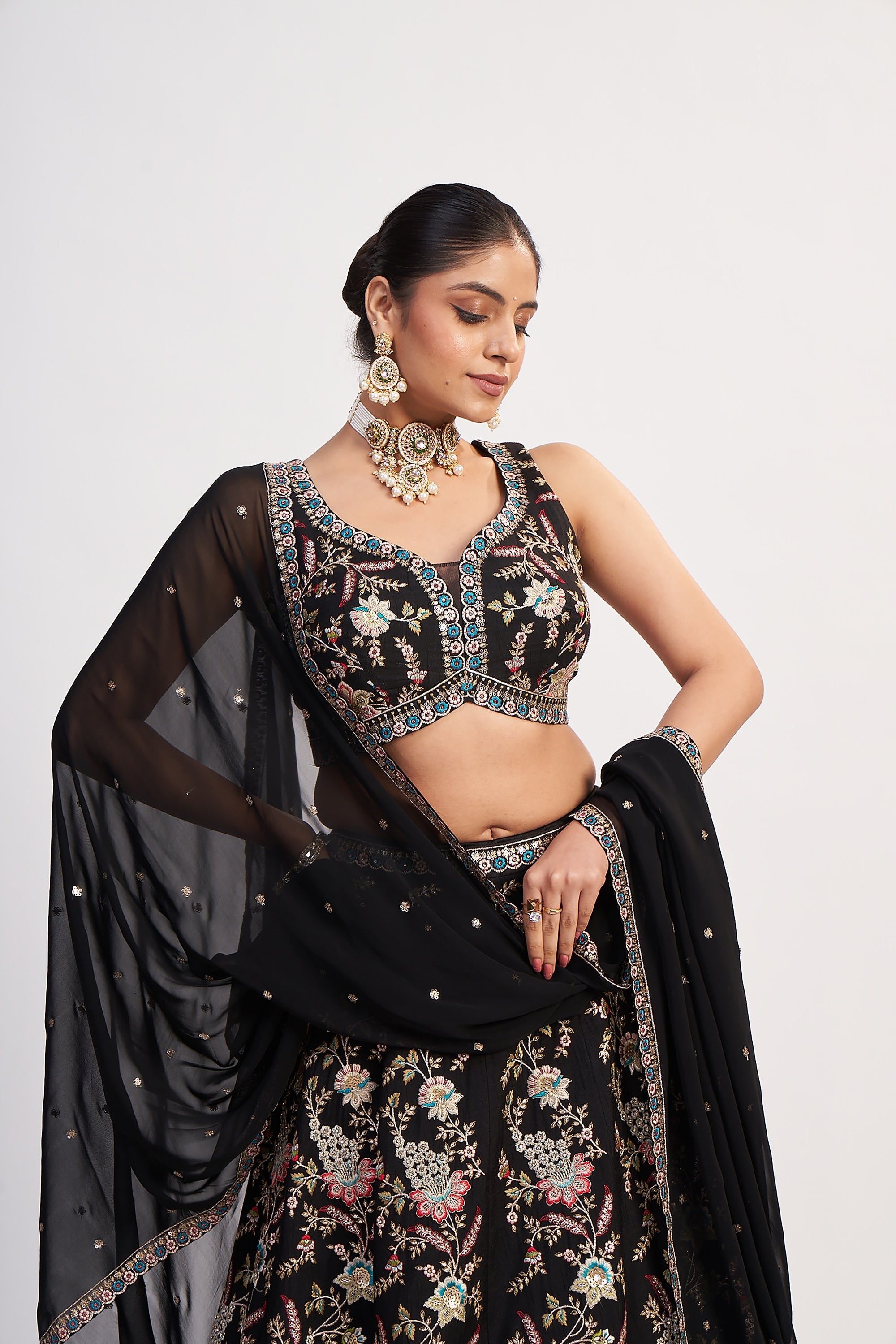 Jet Black Multicolor Thread & Handwork Designer Lehenga Choli | Palkhi Fashion USA