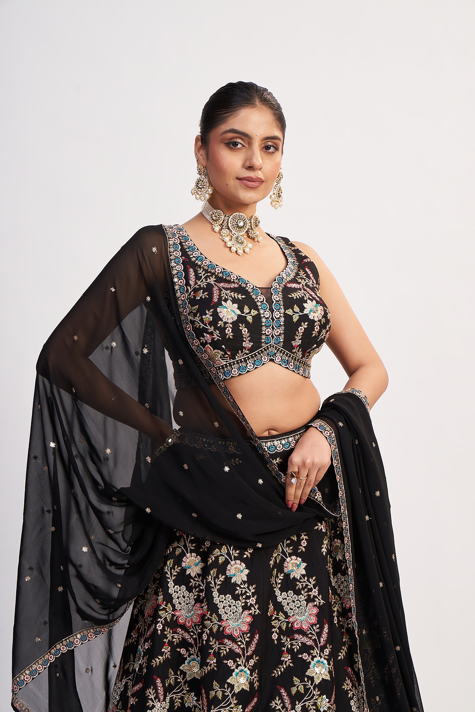 Jet Black Multicolor Thread & Handwork Designer Lehenga Choli | Palkhi Fashion USA