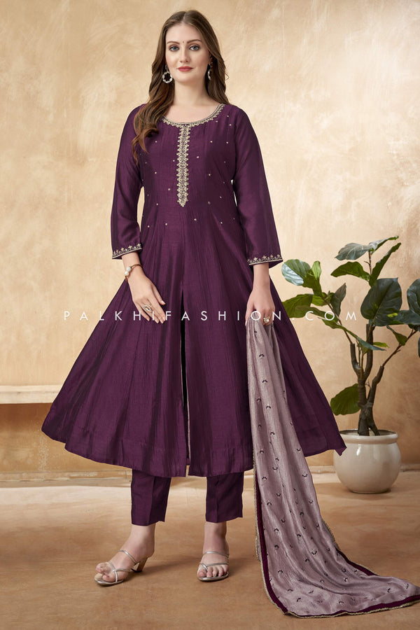 Elegant Anarkali Suit In Wine/Mauve Colors