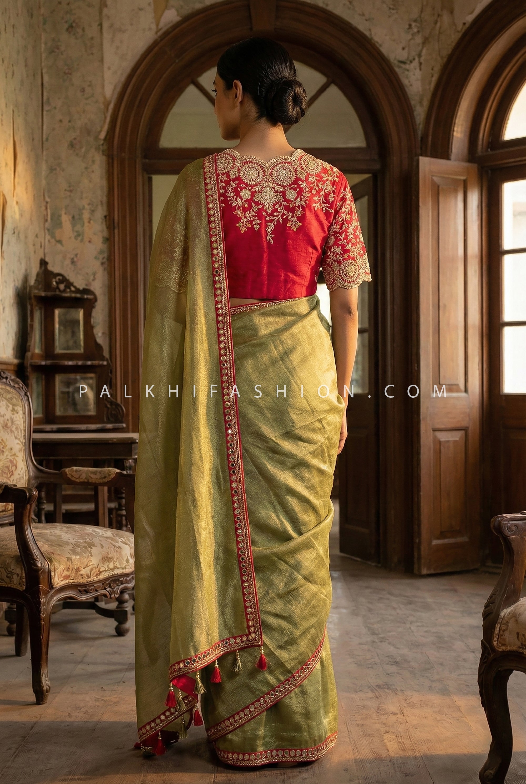 Kanjivaram - Inspired Saree with Heavy Embroidered Blouse – Palkhi Fashion Houston