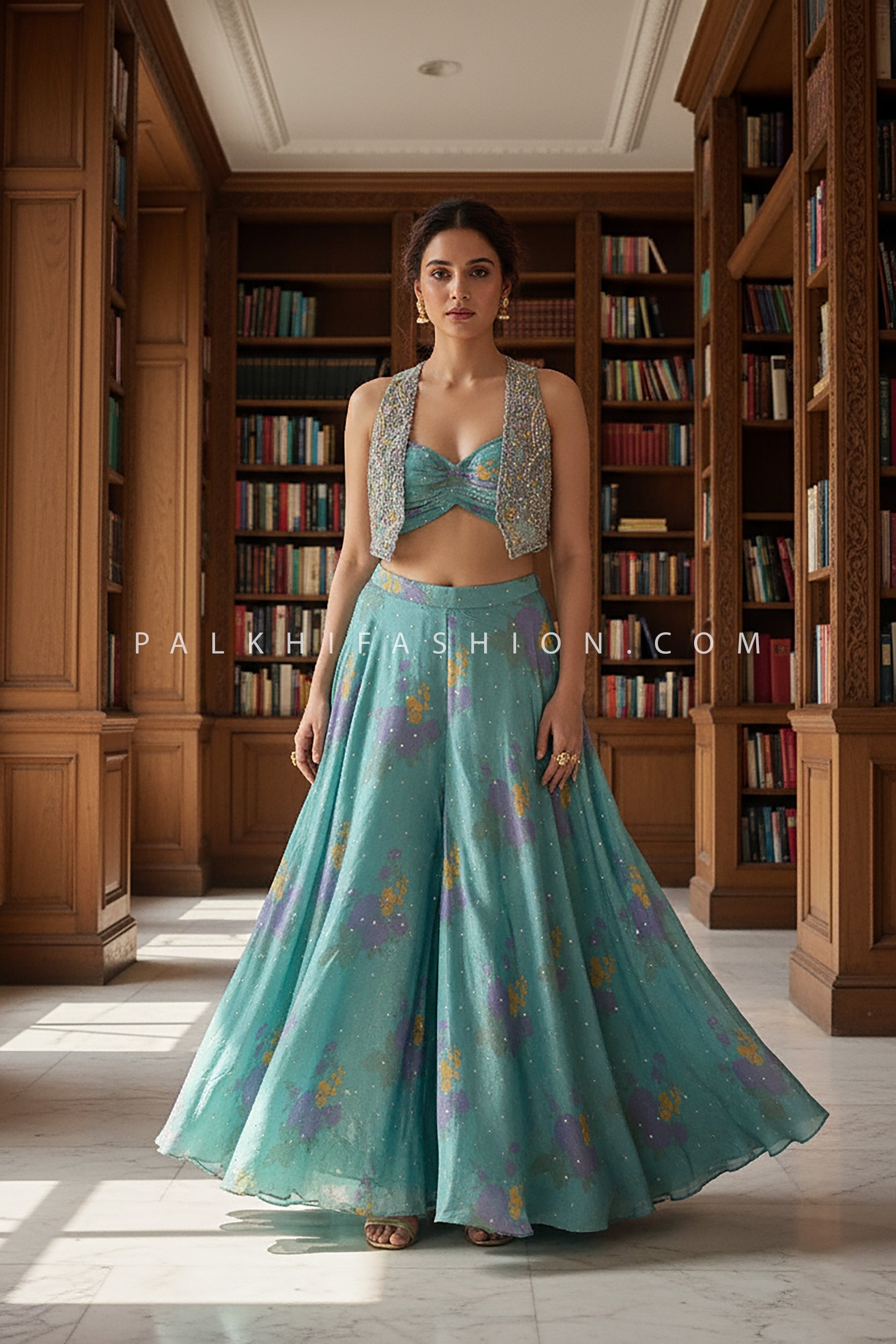 Lagoon Lite: Teal Blue Palazzo Outfit with Beaded Embroidered Jacket – Palkhi Fashion