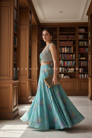 Lagoon Lite: Teal Blue Palazzo Outfit with Beaded Embroidered Jacket – Palkhi Fashion