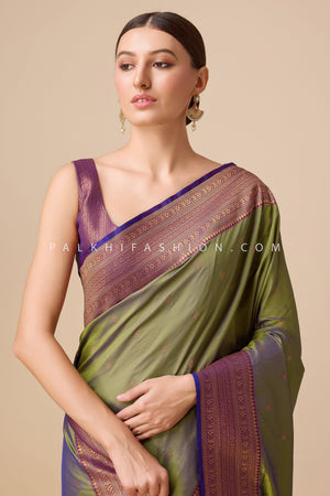 Light Mehndi Kanjivaram Saree with Elegant Motifs and Border – Palkhi Fashion