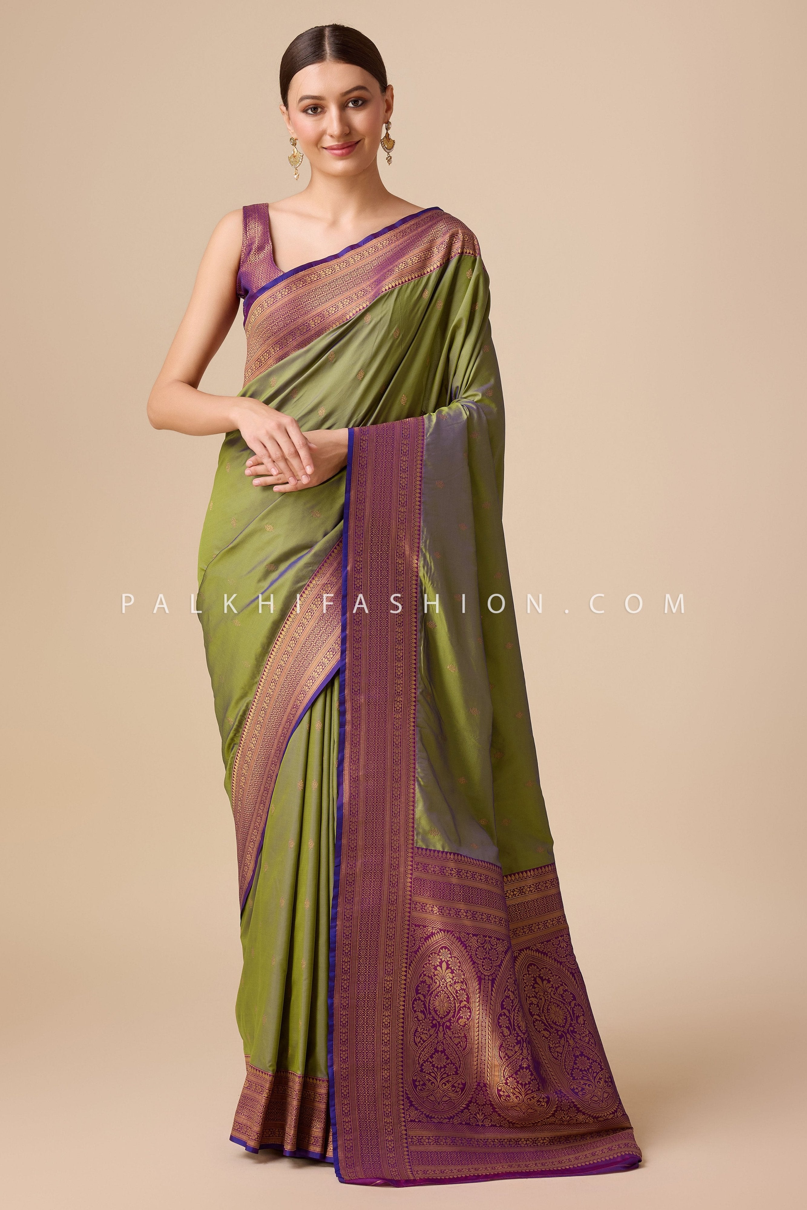 Light Mehndi Kanjivaram Saree with Elegant Motifs and Border – Palkhi Fashion