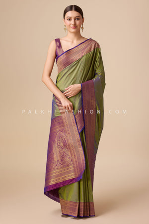 Light Mehndi Kanjivaram Saree with Elegant Motifs and Border – Palkhi Fashion