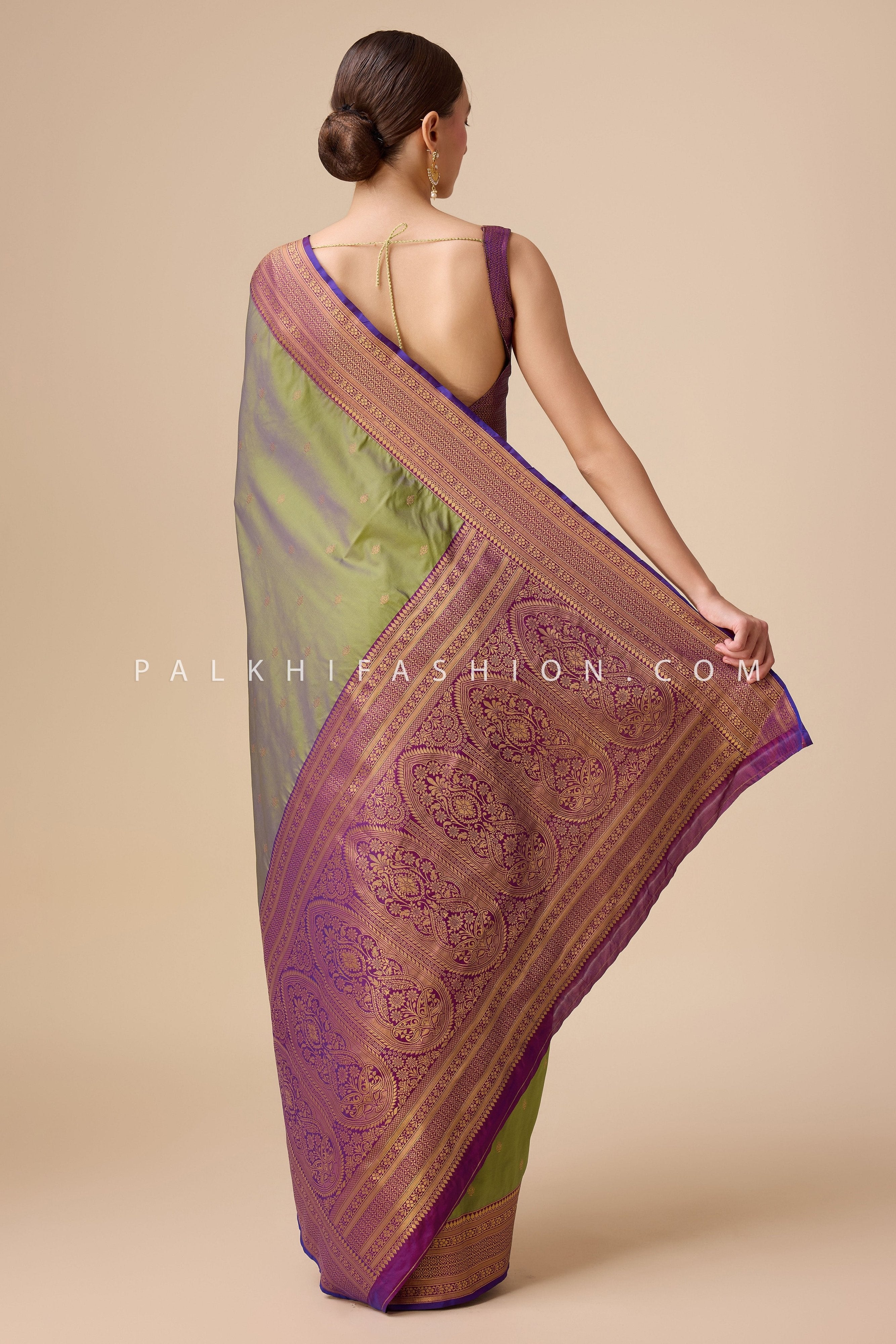 Light Mehndi Kanjivaram Saree with Elegant Motifs and Border – Palkhi Fashion