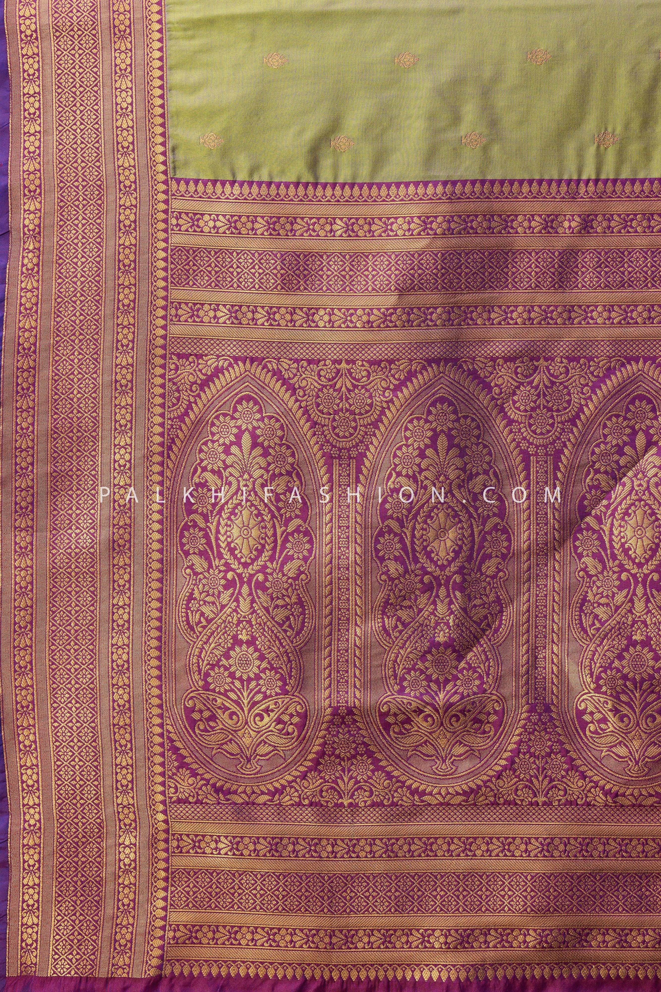 Light Mehndi Kanjivaram Saree with Elegant Motifs and Border – Palkhi Fashion