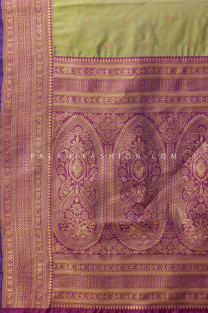 Light Mehndi Kanjivaram Saree with Elegant Motifs and Border – Palkhi Fashion