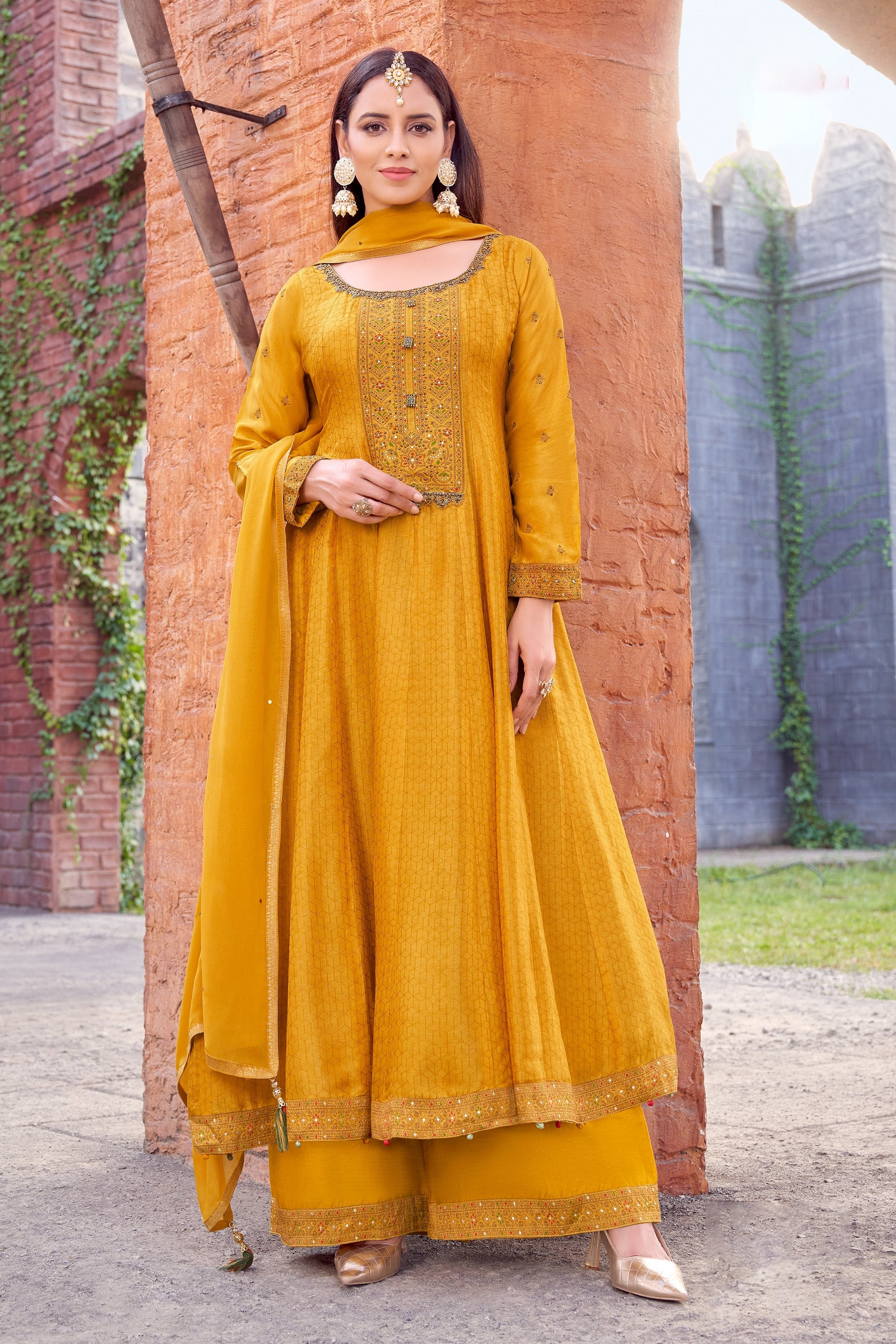 Light Mustard Banarasi Silk Palazzo Suit with Handwork – Palkhi Fashion