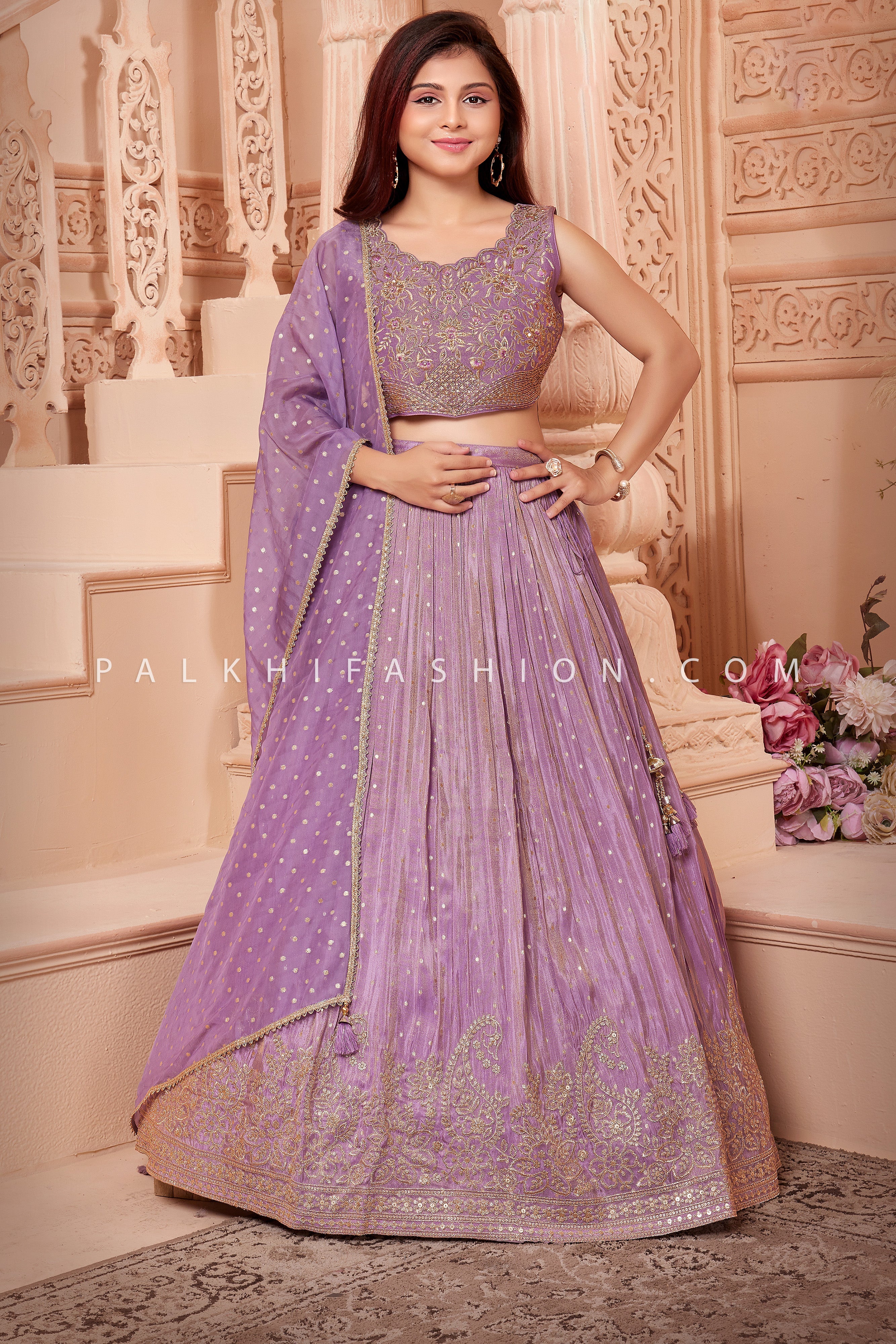 Lilac Luxe: Designer Lilac Embroidered Lehenga Choli Set For Girls